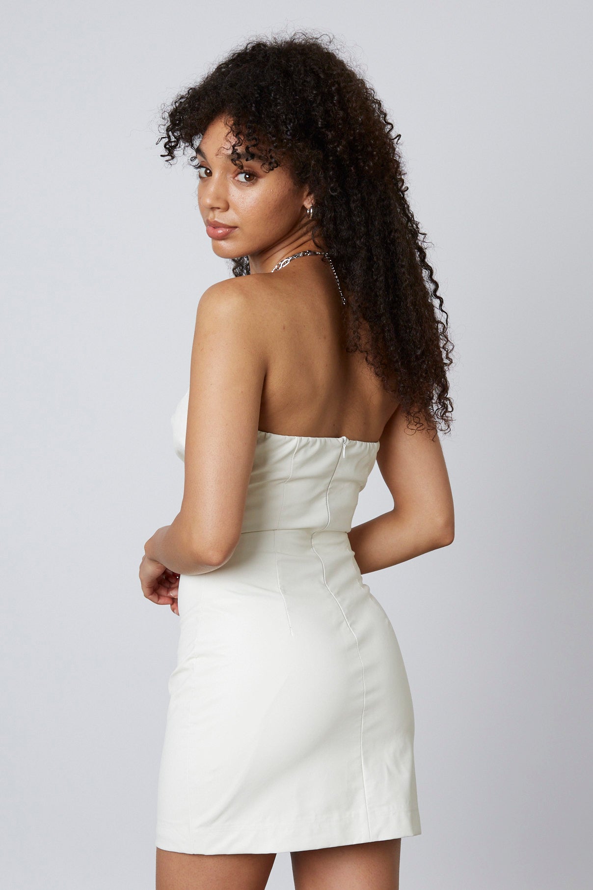 Faux Leather Mini Dress in Ivory Back View