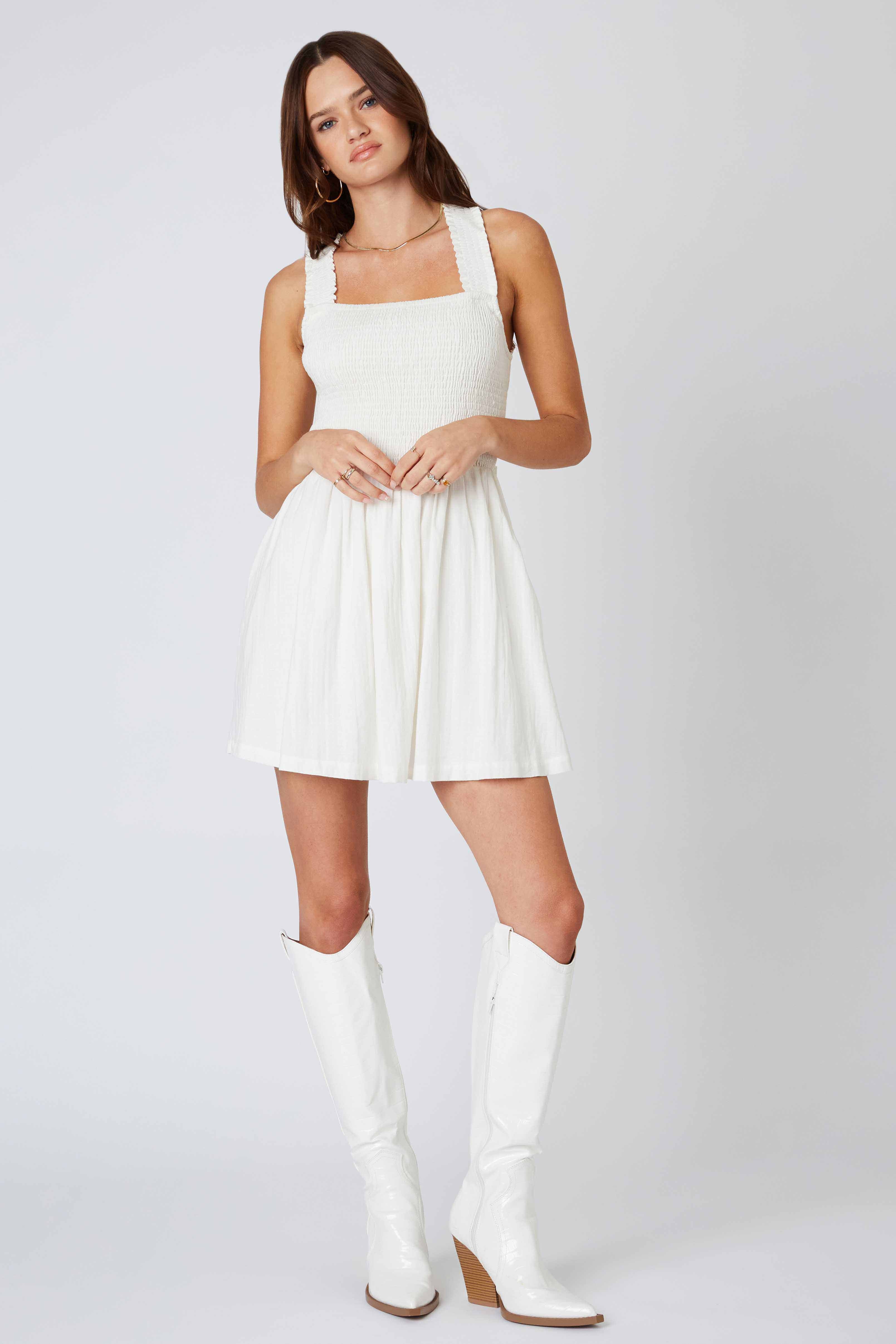 Smocked Square Neck Dress in White Front View