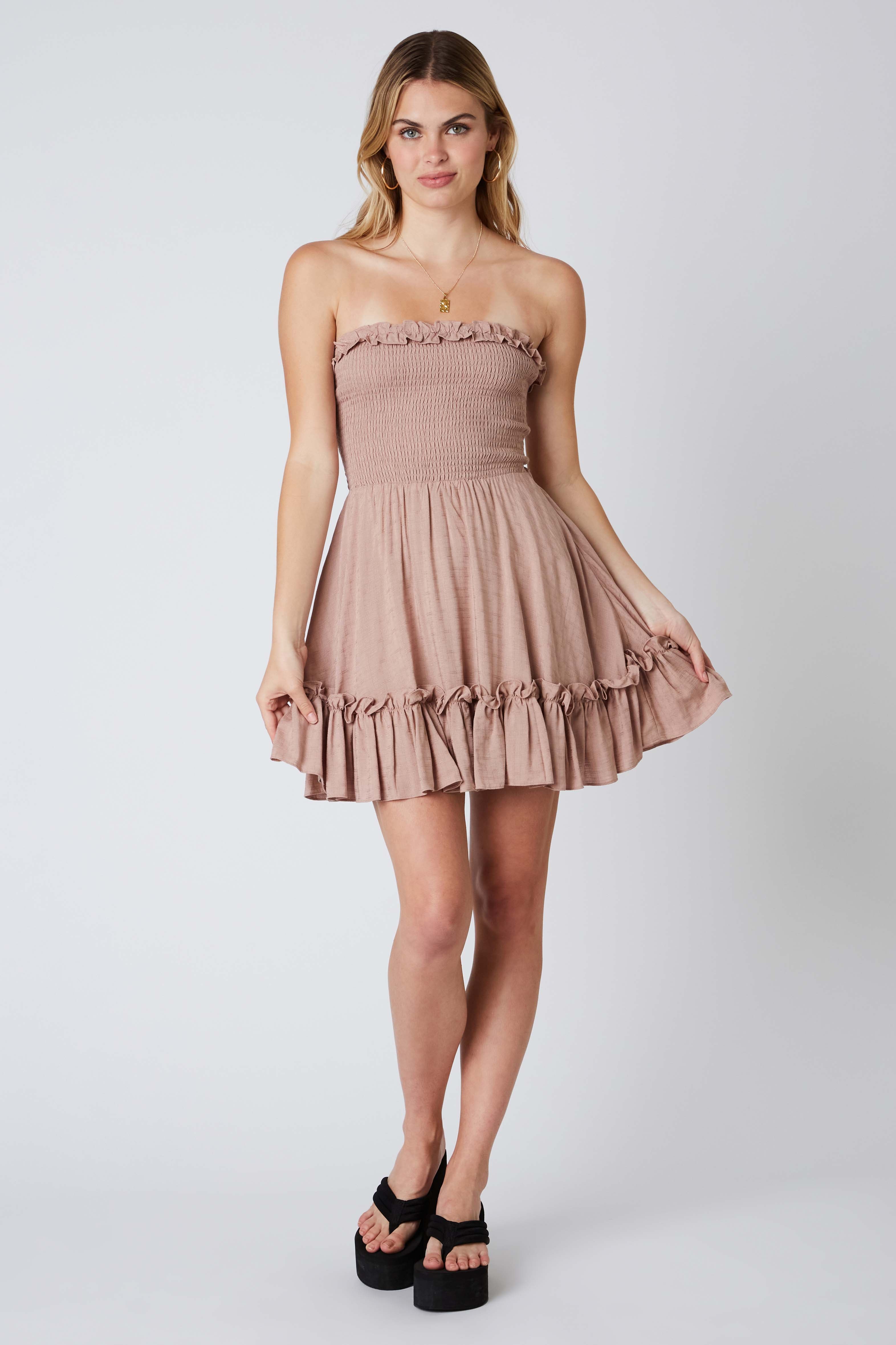 Smocked Strapless Dress in Toast Front View