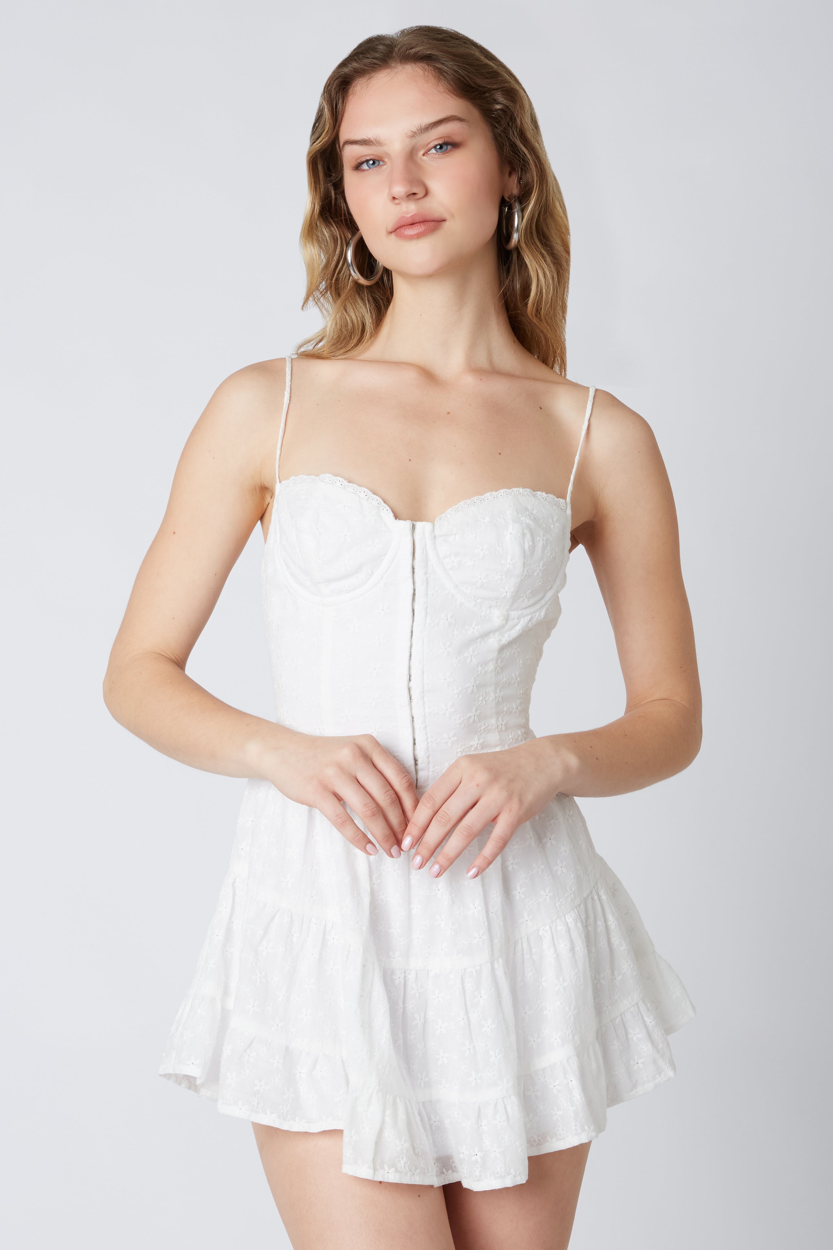 Eyelet Corset Mini Dress in White Front View