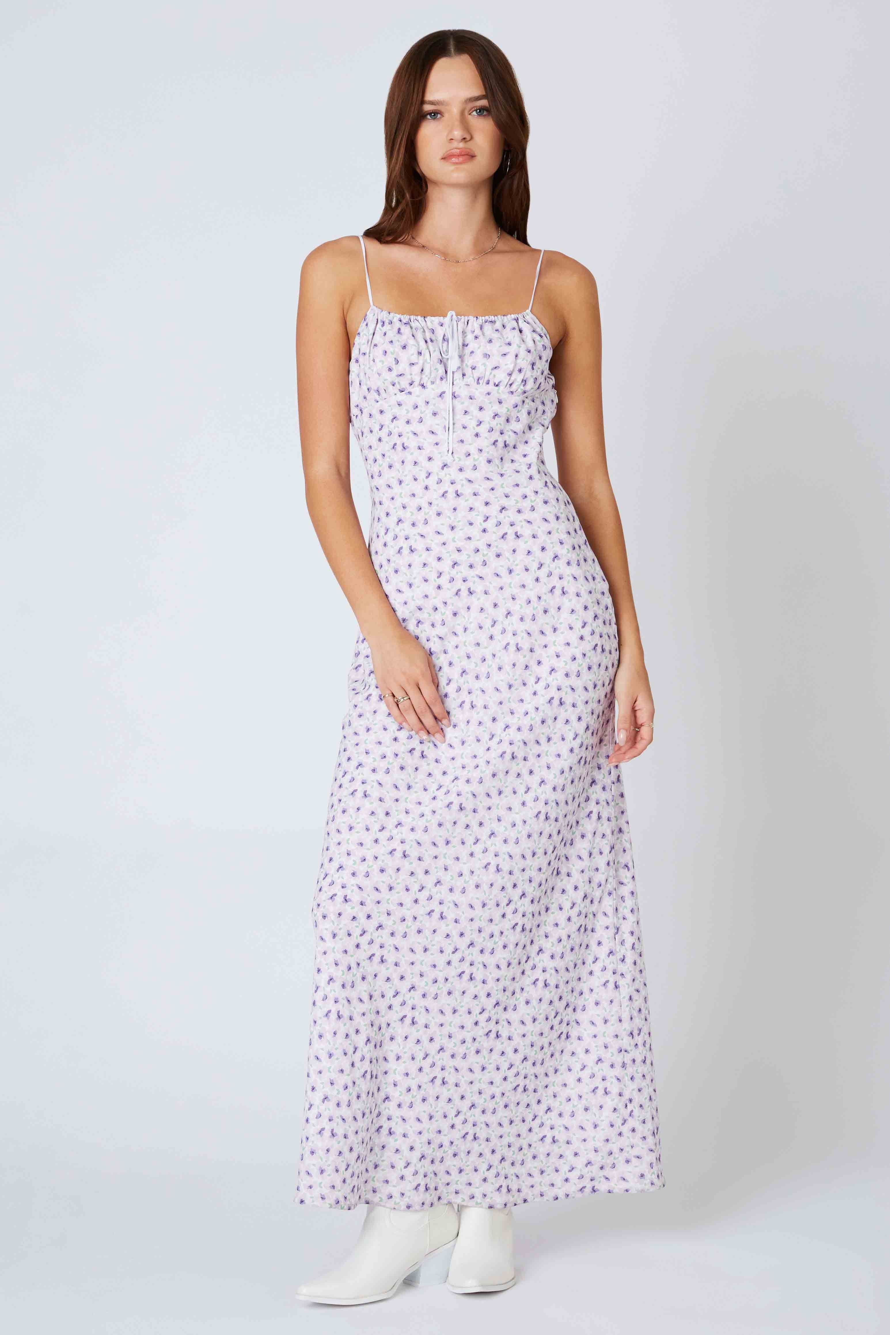 Ditsy Floral Bias Maxi Dress in Violet Front View