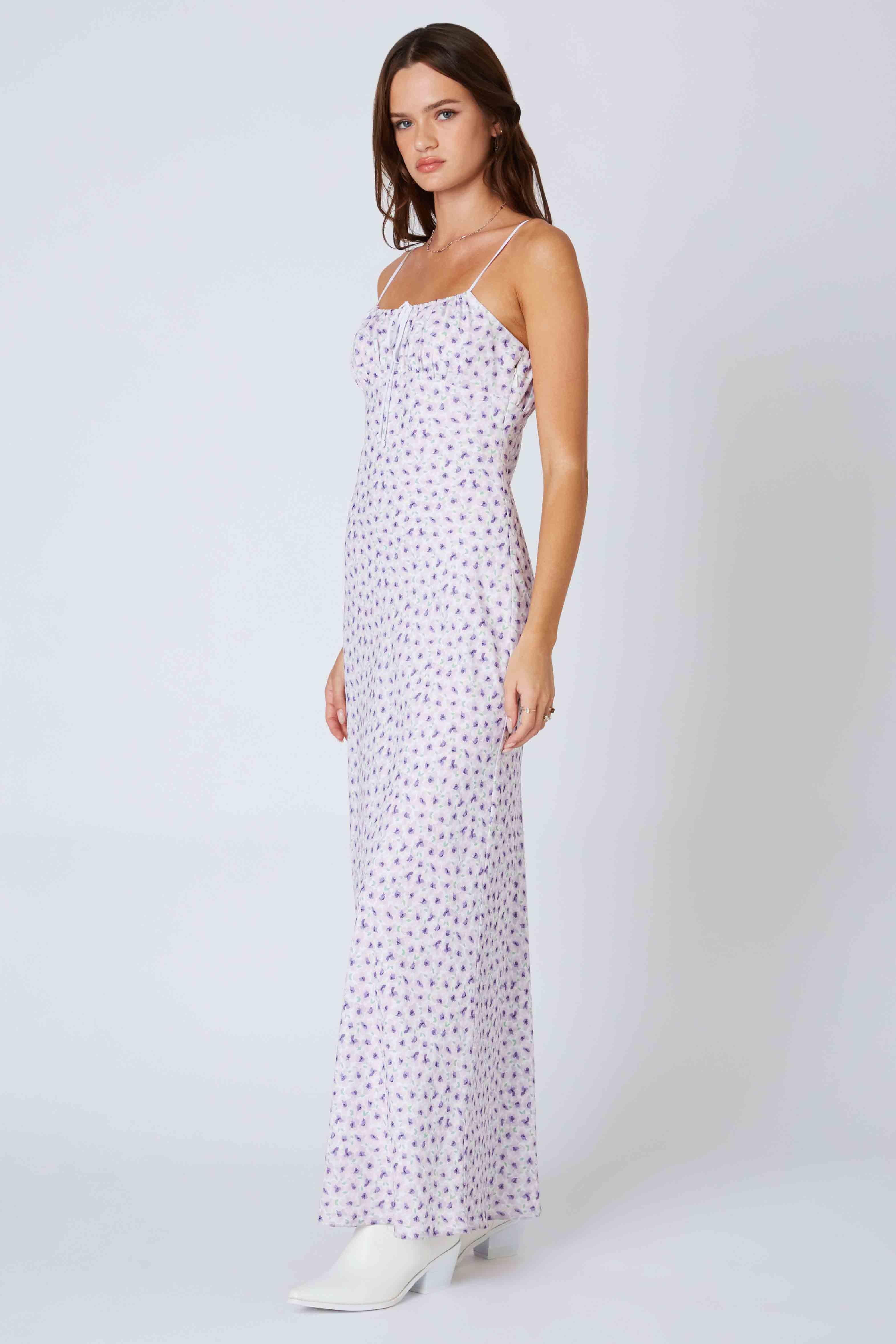 Ditsy Floral Bias Maxi Dress in Violet Side View