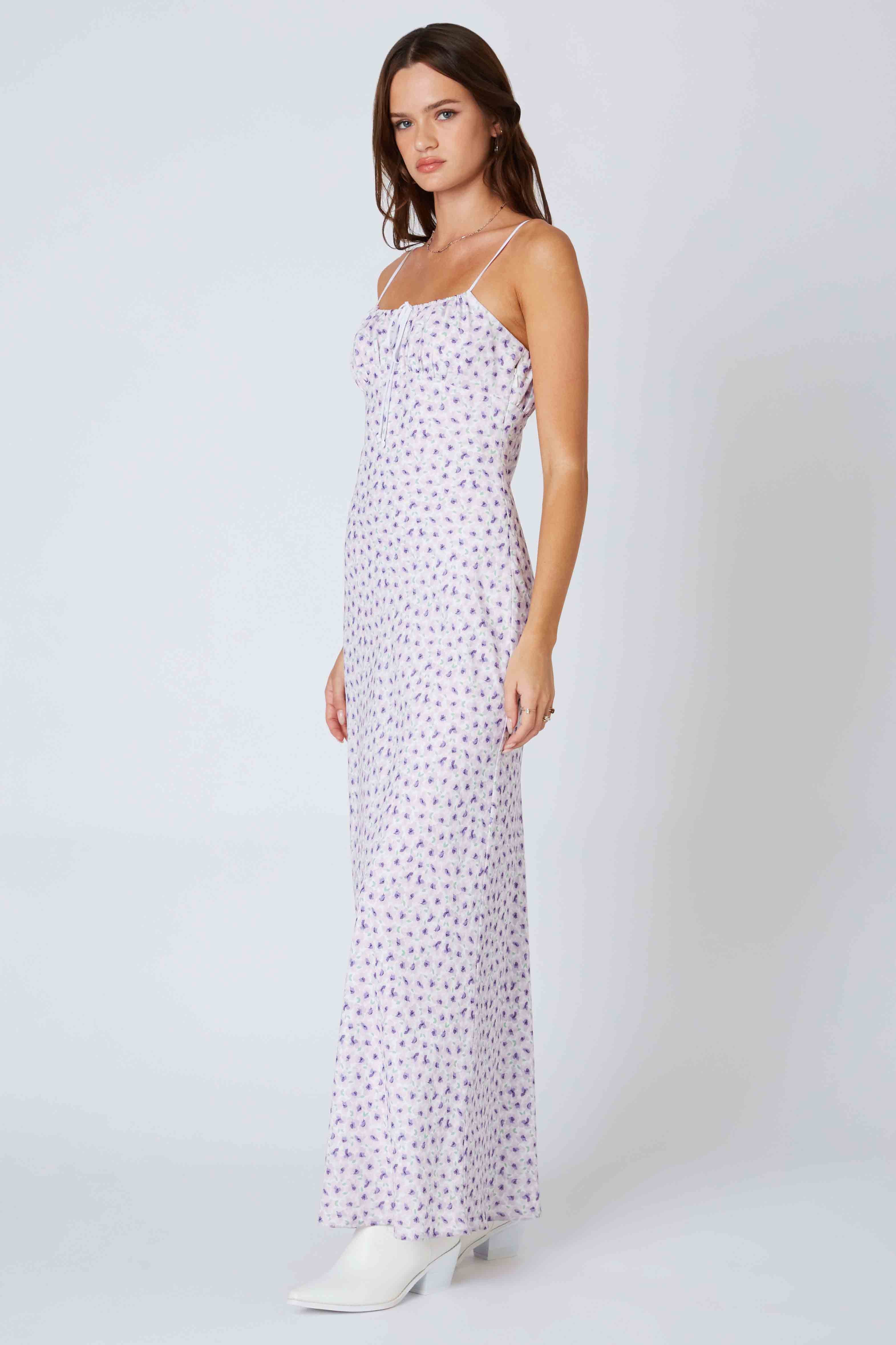 Ditsy Floral Bias Maxi Dress in Violet Side View