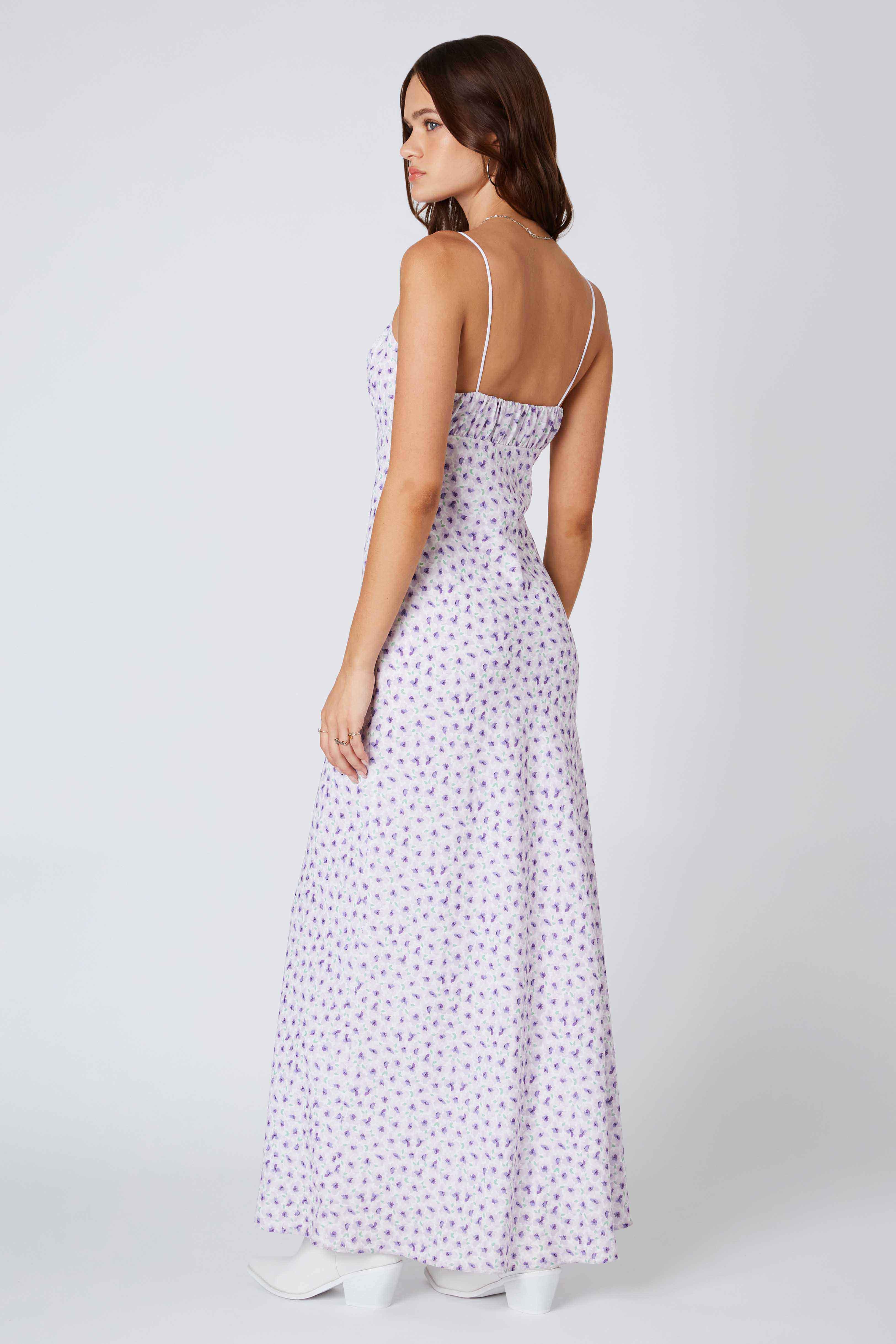 Ditsy Floral Bias Maxi Dress in Violet Back View