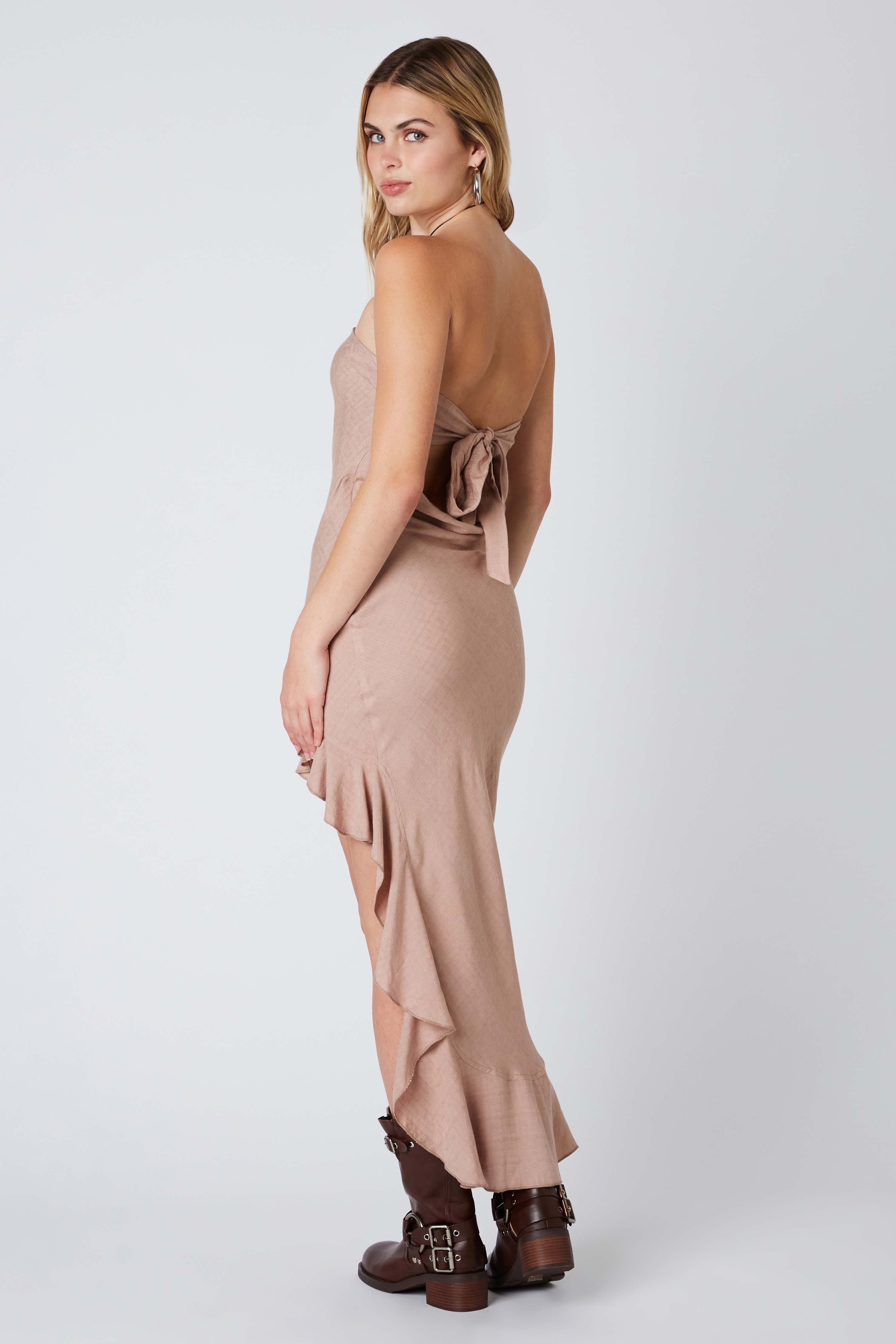 Strapless Ruffle High-Low Dress in Toast Back View
