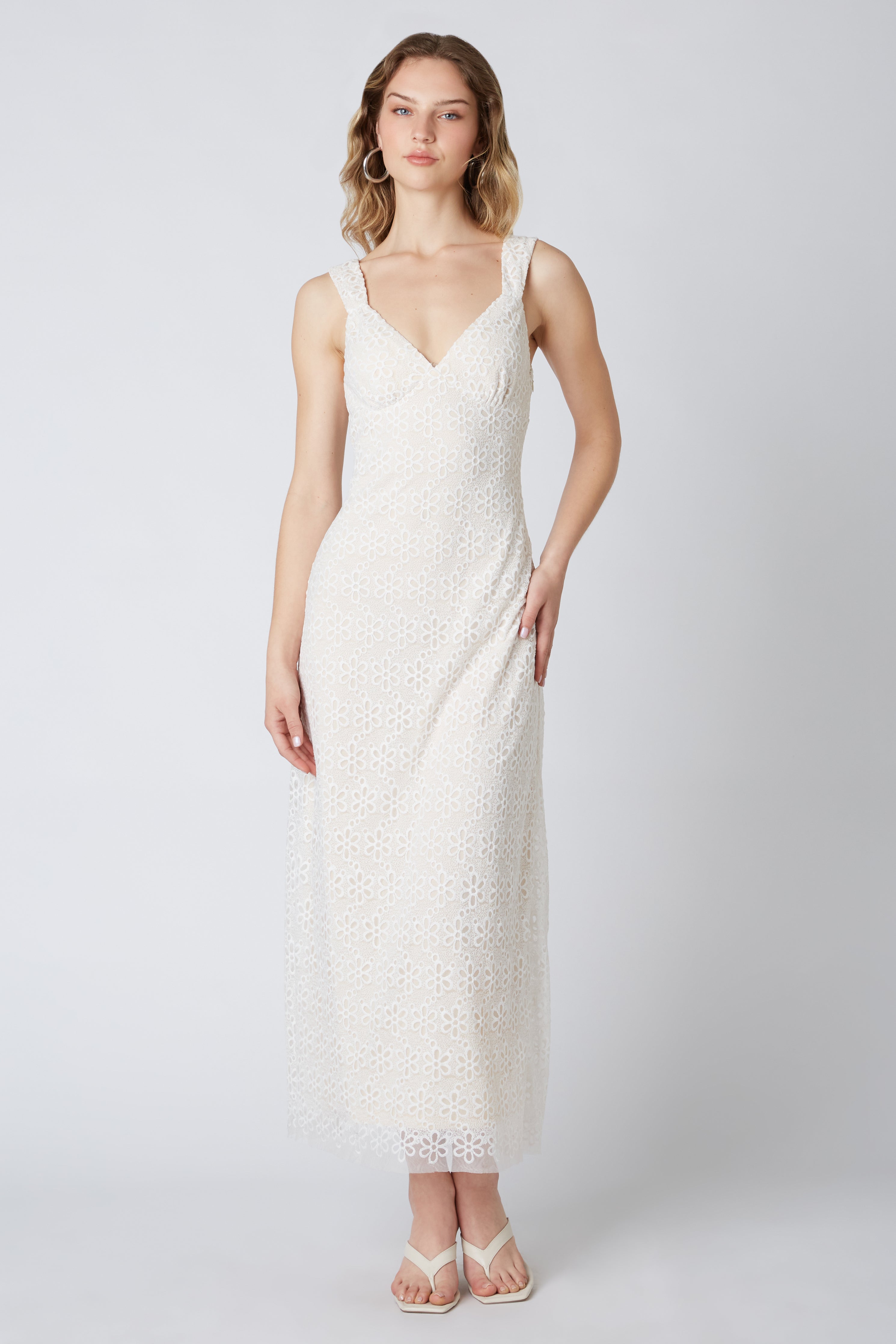 Lace Mesh Maxi Dress in White Front