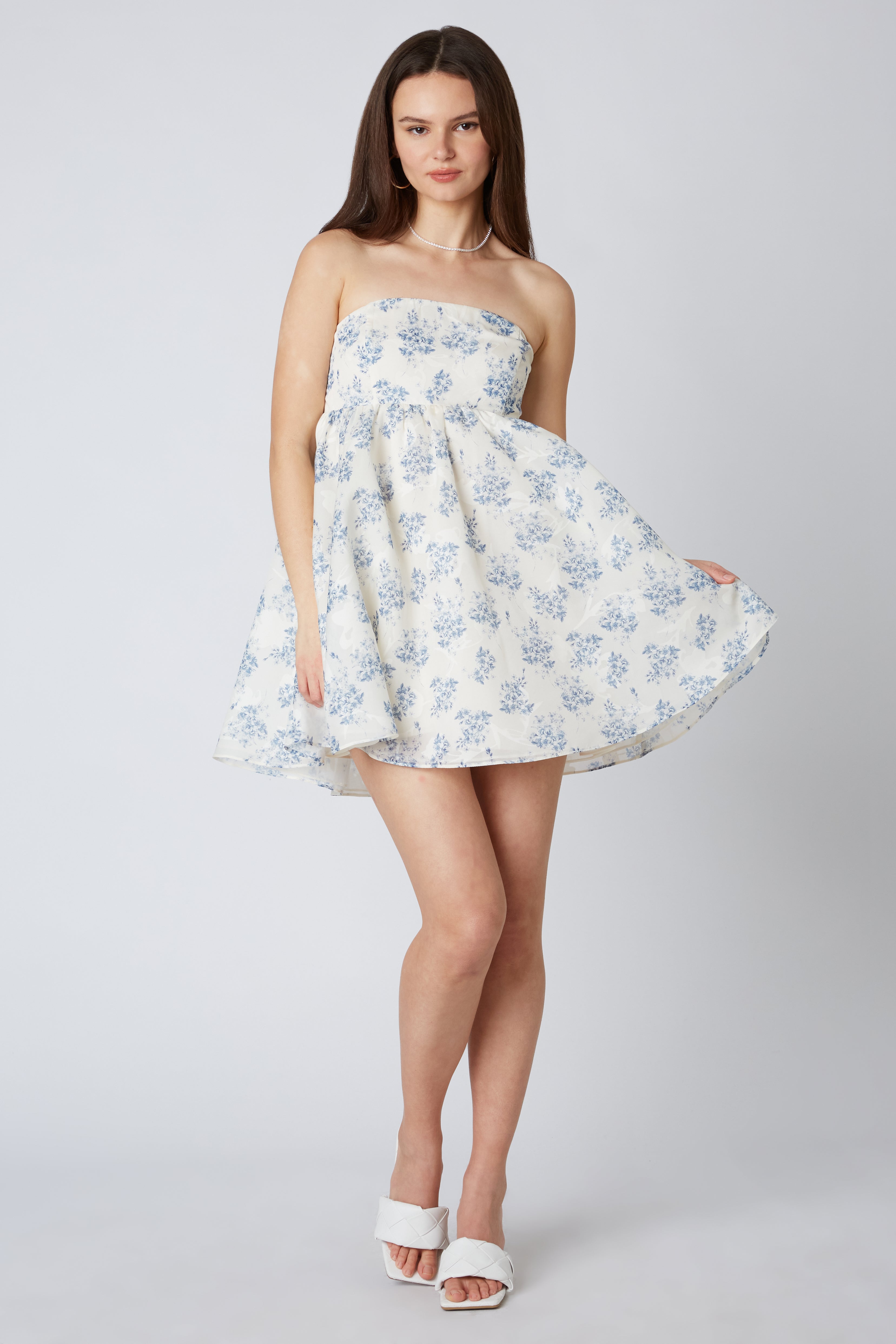 Organza Floral Mini Dress in Blue Front