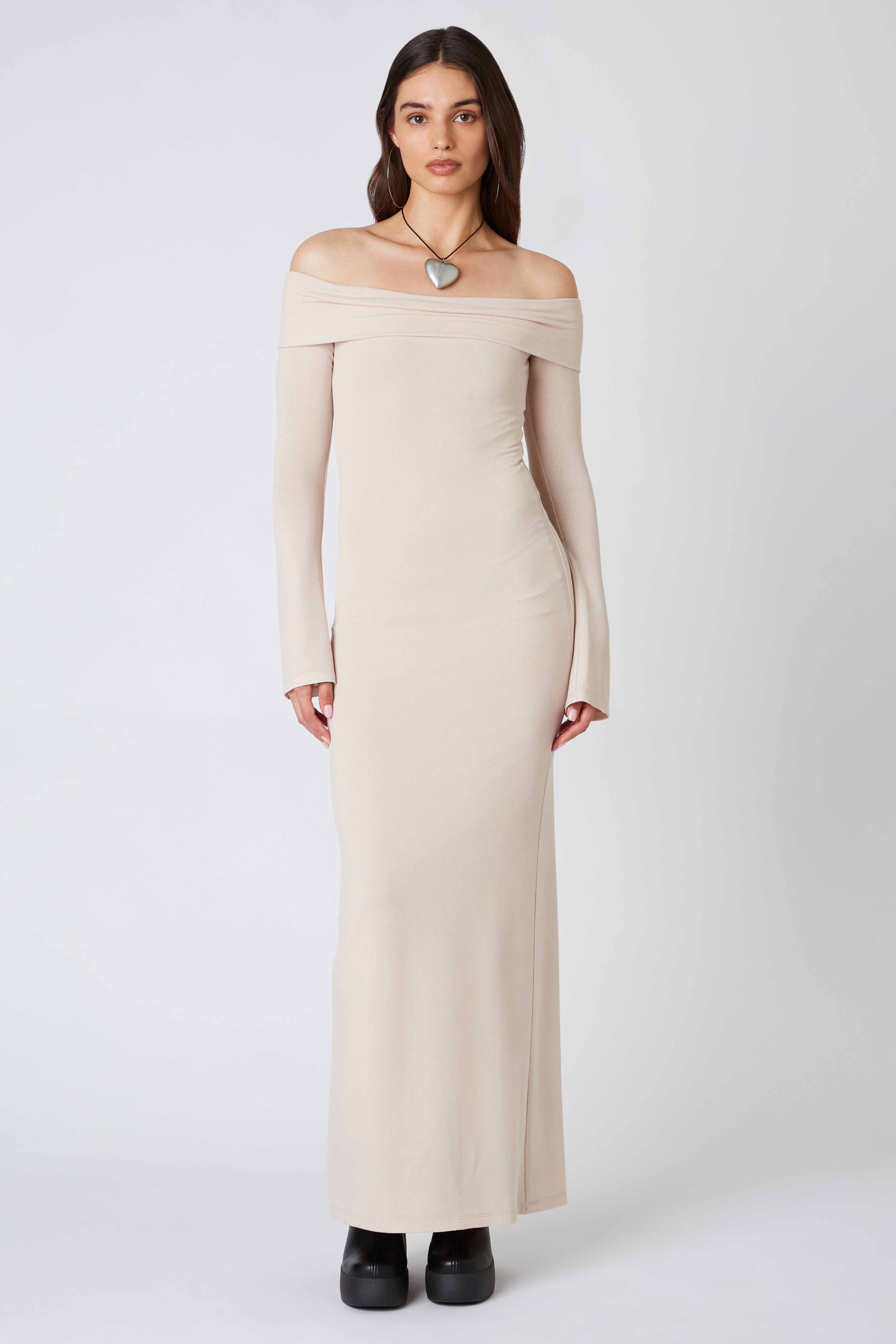 Long Sleeve Off the Shoulder Maxi Dress in Jute Front View