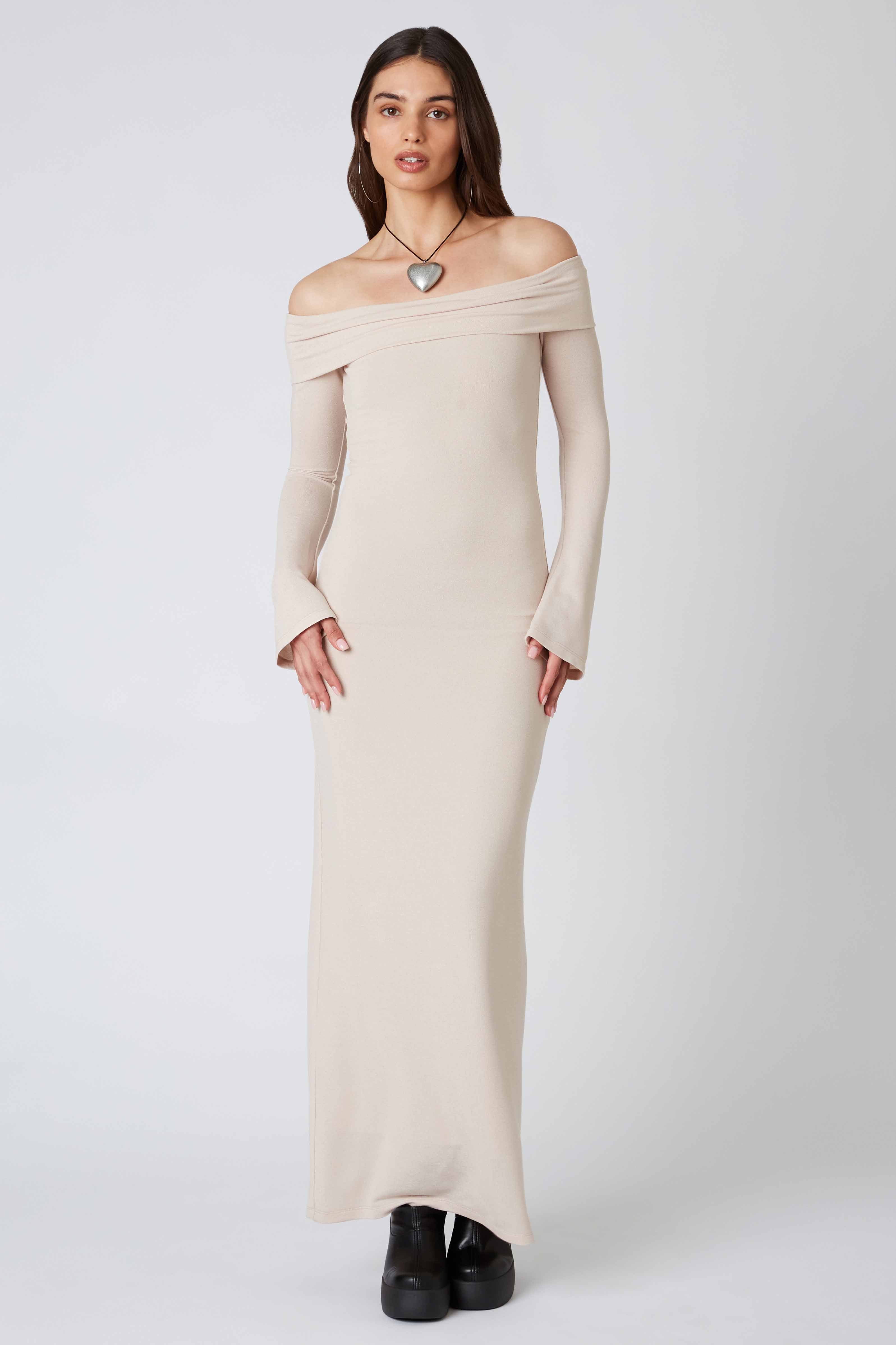 Long Sleeve Off the Shoulder Maxi Dress in Jute Front View