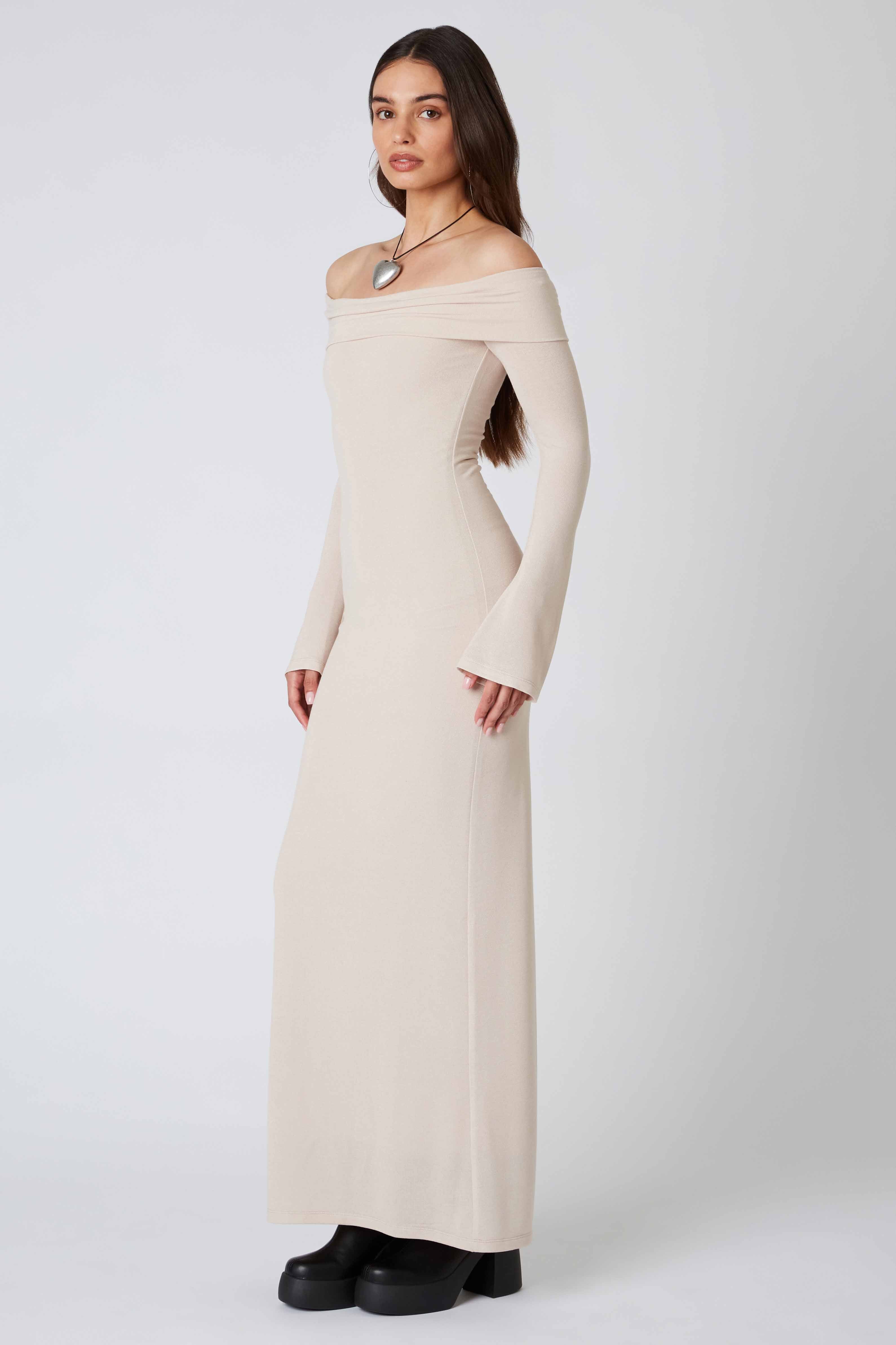 Long Sleeve Off the Shoulder Maxi Dress in Jute Side View