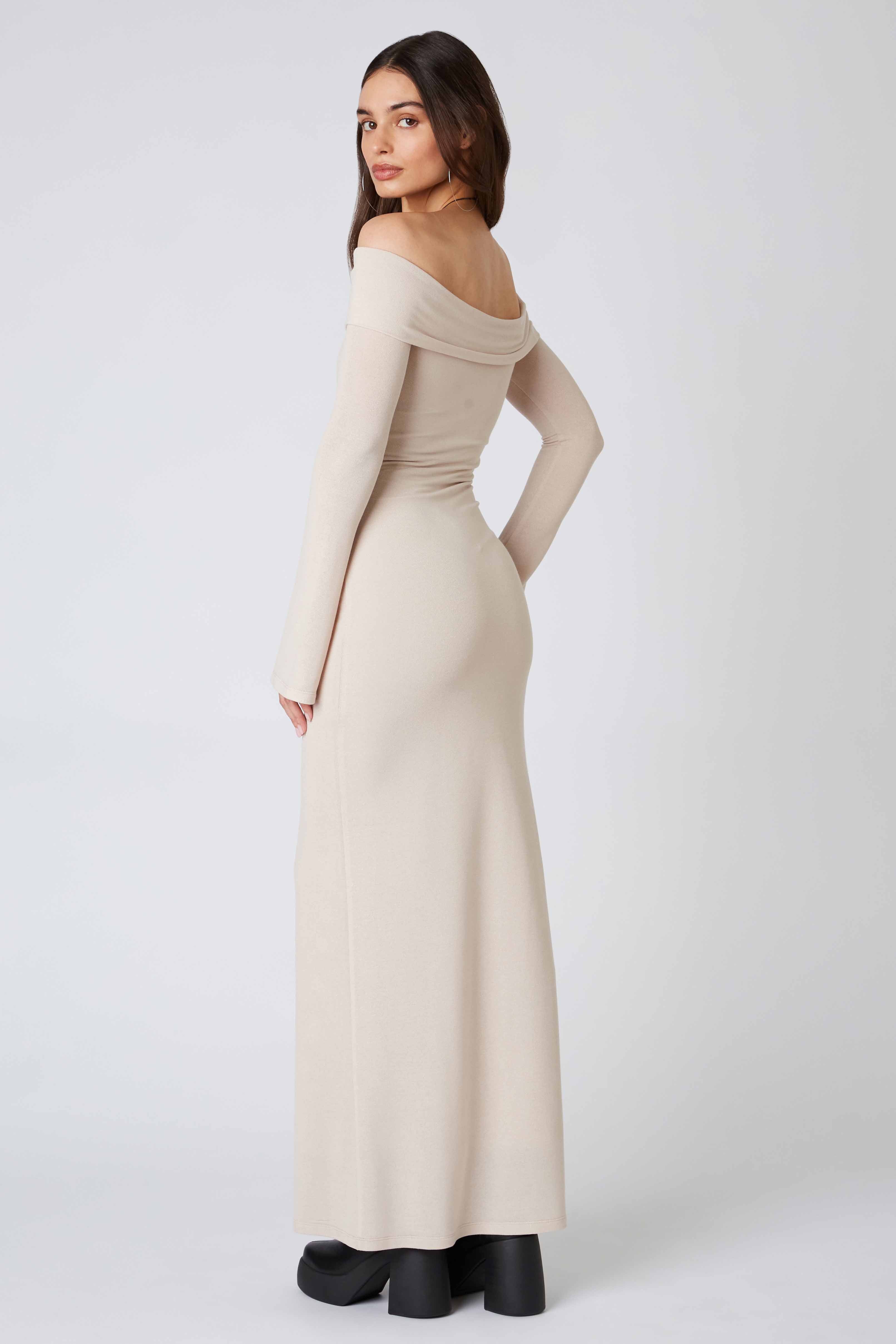 Long Sleeve Off the Shoulder Maxi Dress in Jute Back View