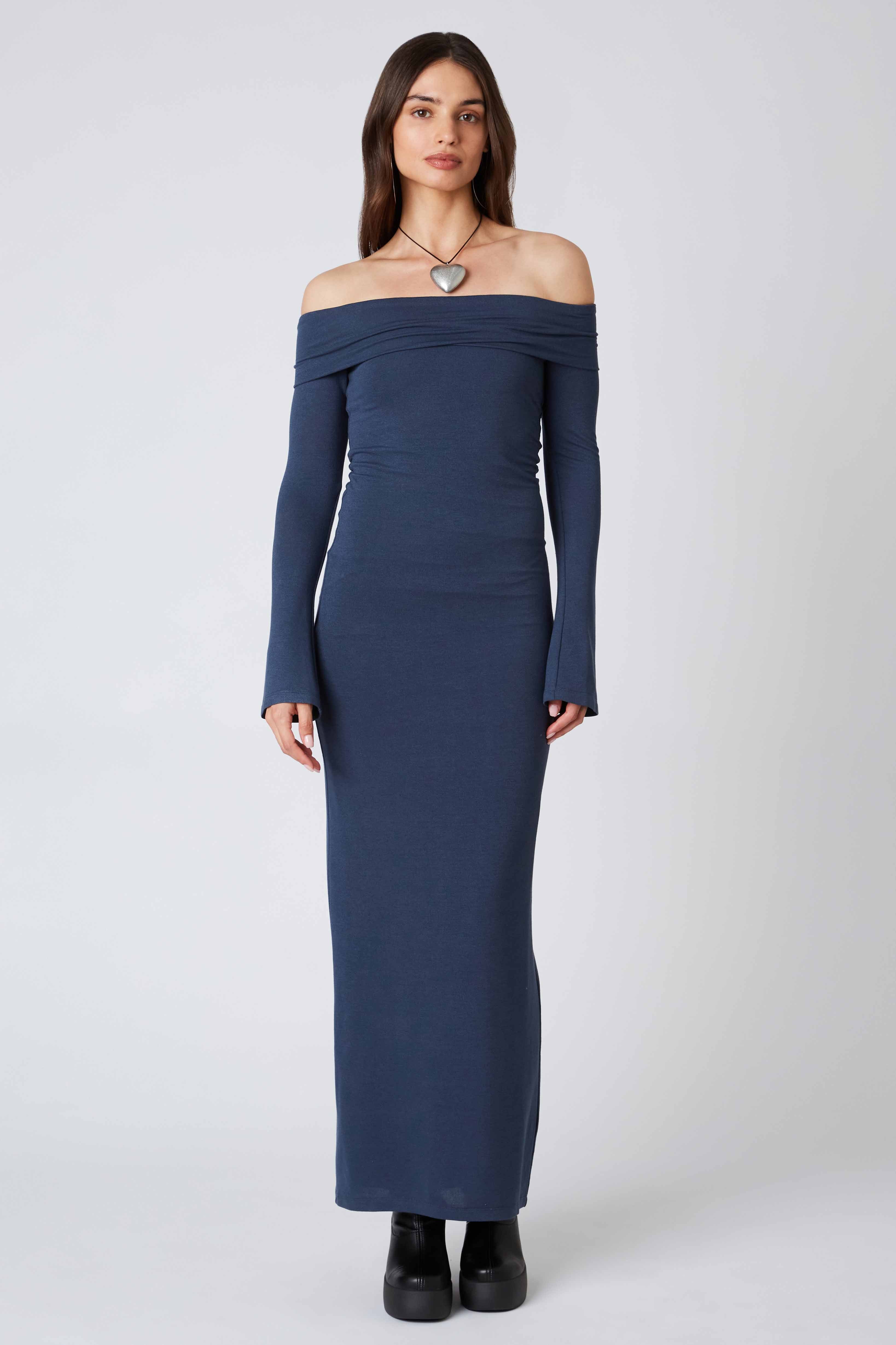 Long Sleeve Off the Shoulder Maxi Dress in Pewter Front View