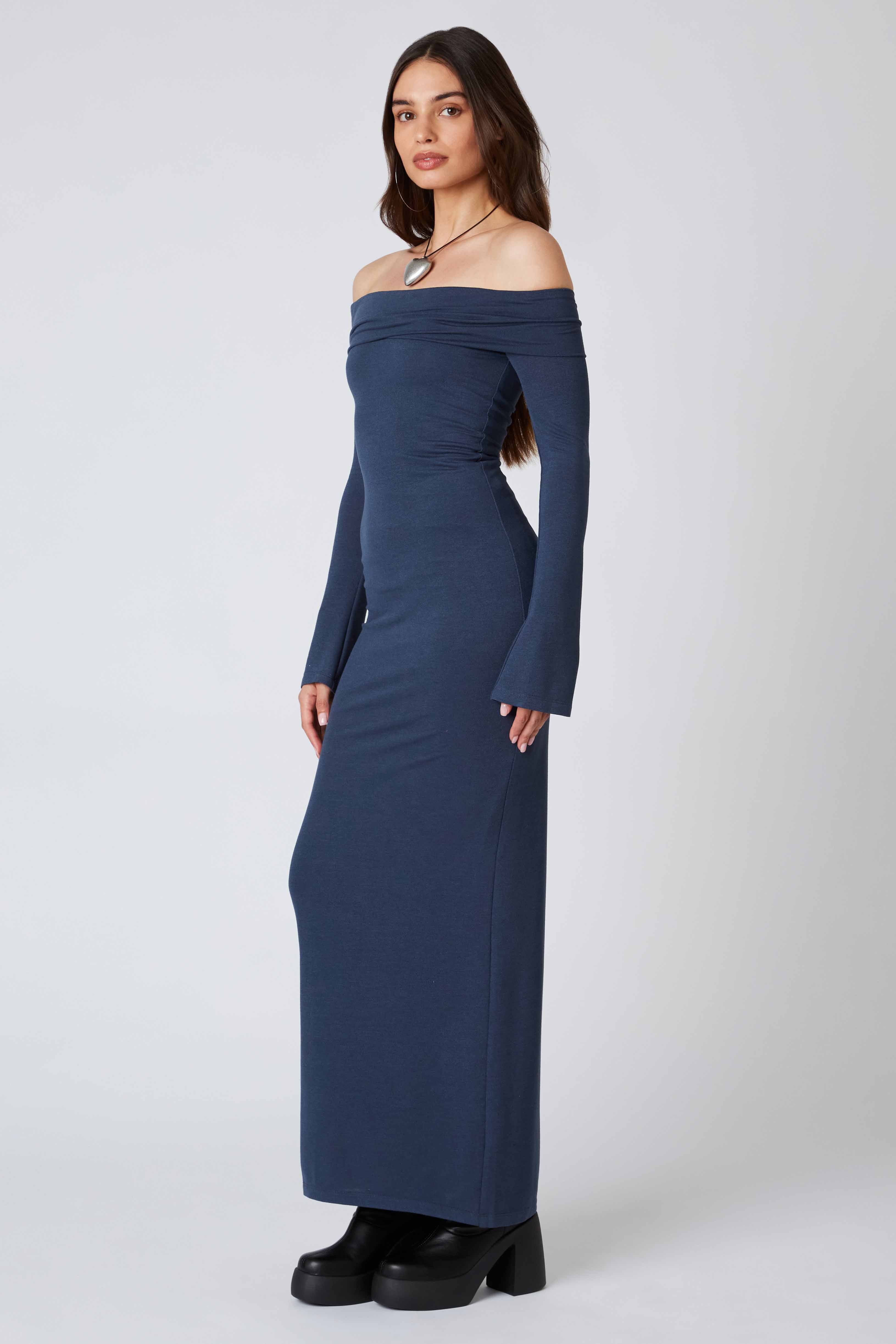 Long Sleeve Off the Shoulder Maxi Dress in Pewter Side View