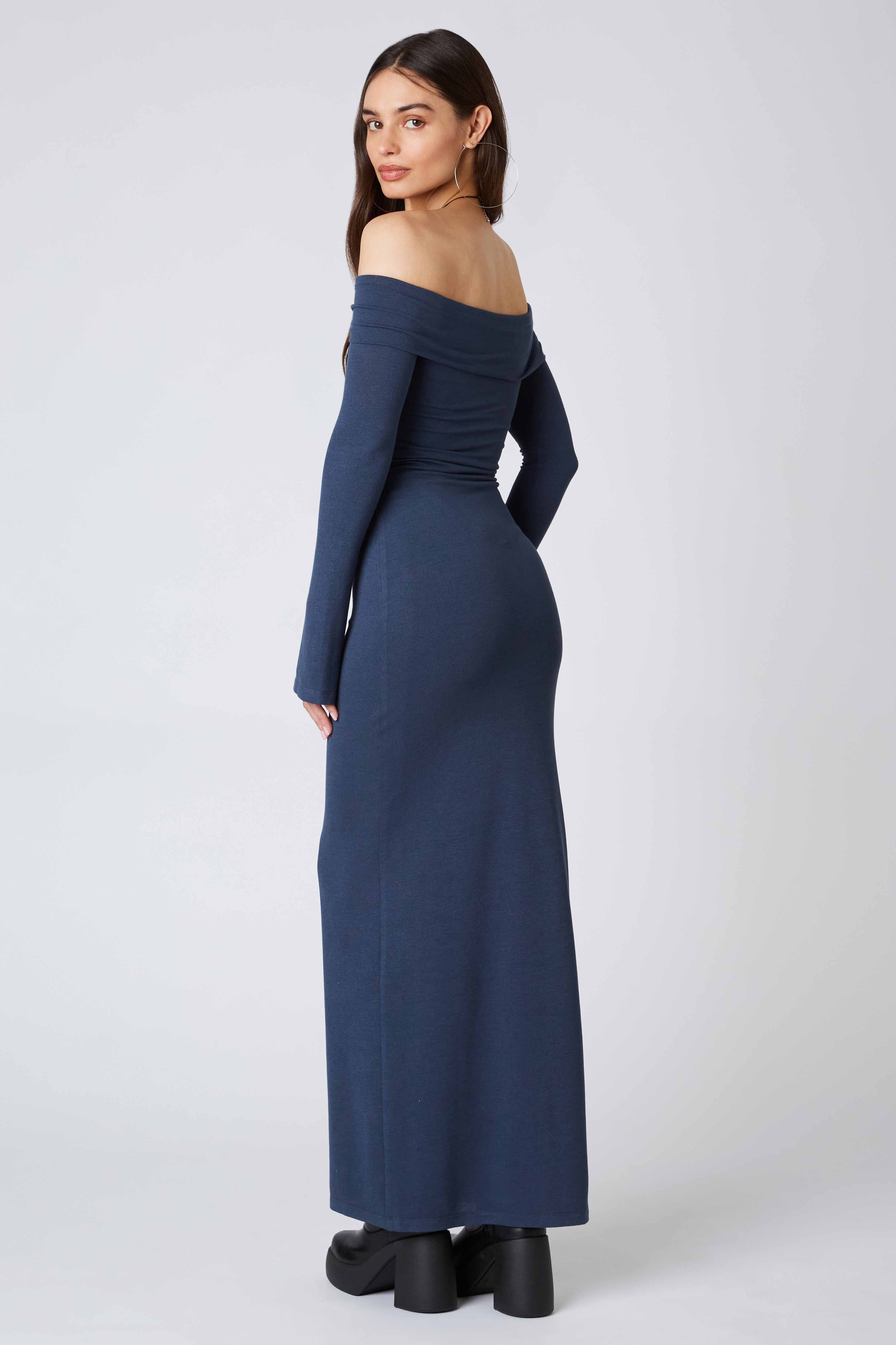 Long Sleeve Off the Shoulder Maxi Dress in Pewter Back View
