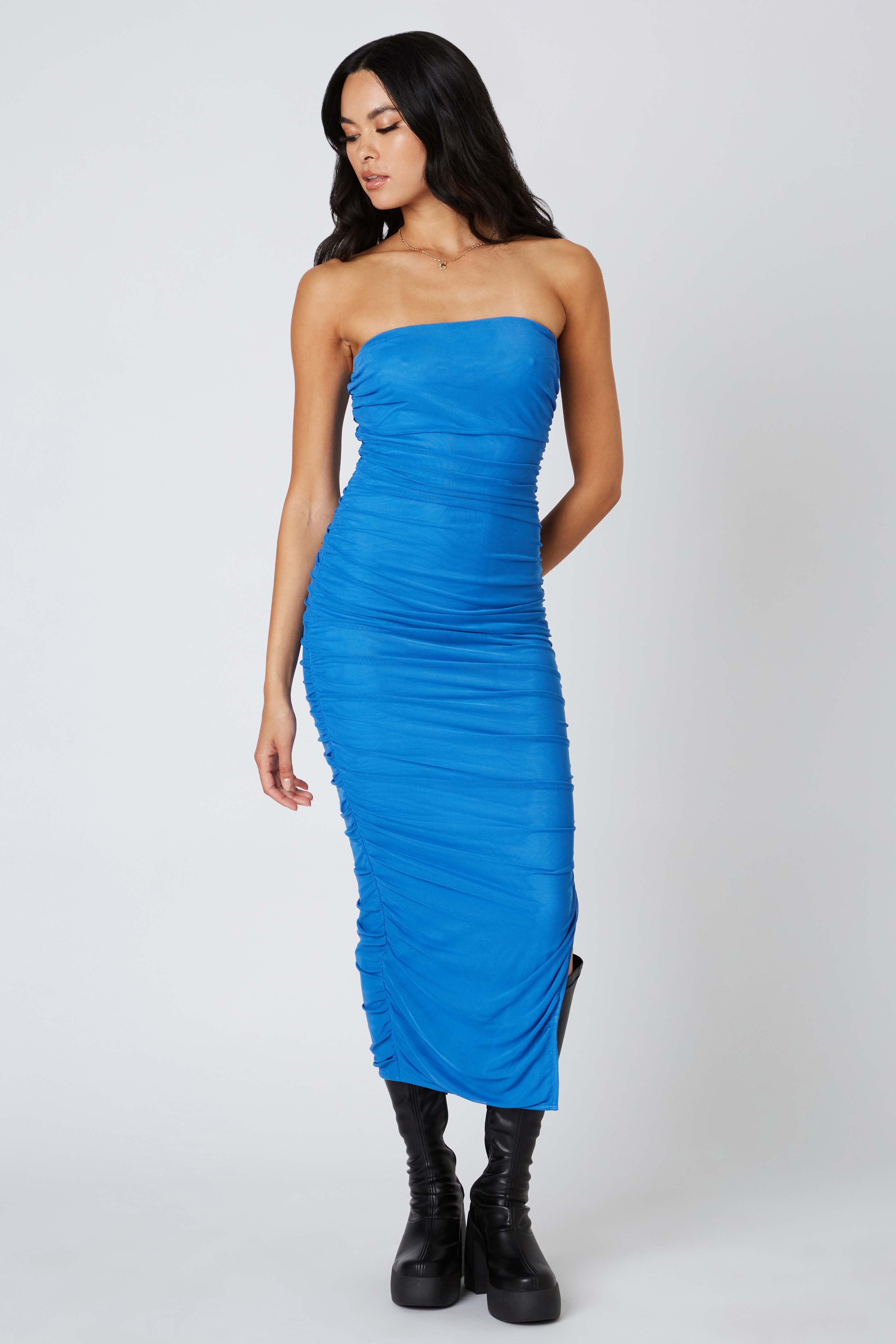 Ruched Bodycon Midi Dress in Marine Blue Front View