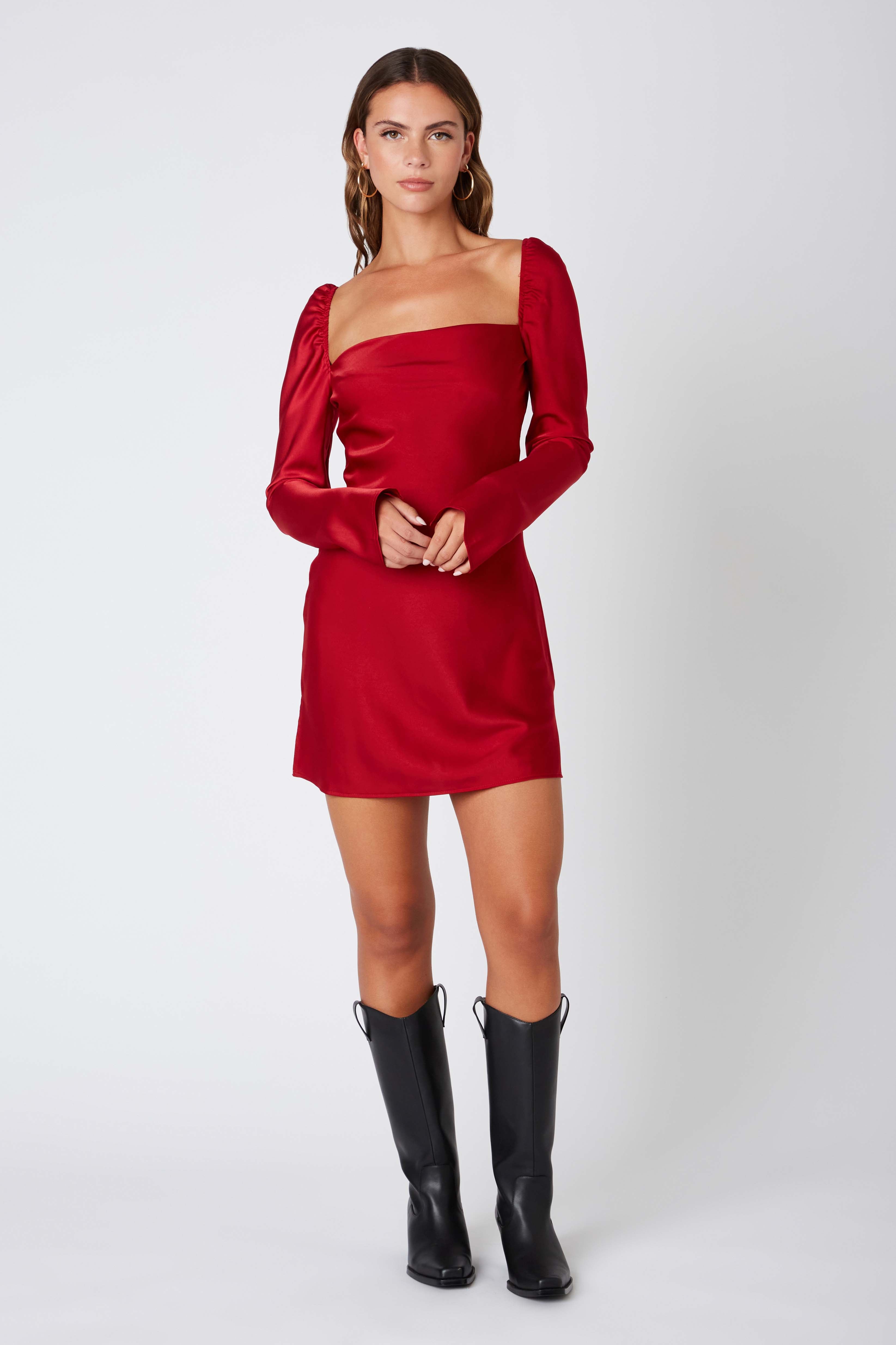 Satin Long Sleeve Mini Dress in Crimson Front View