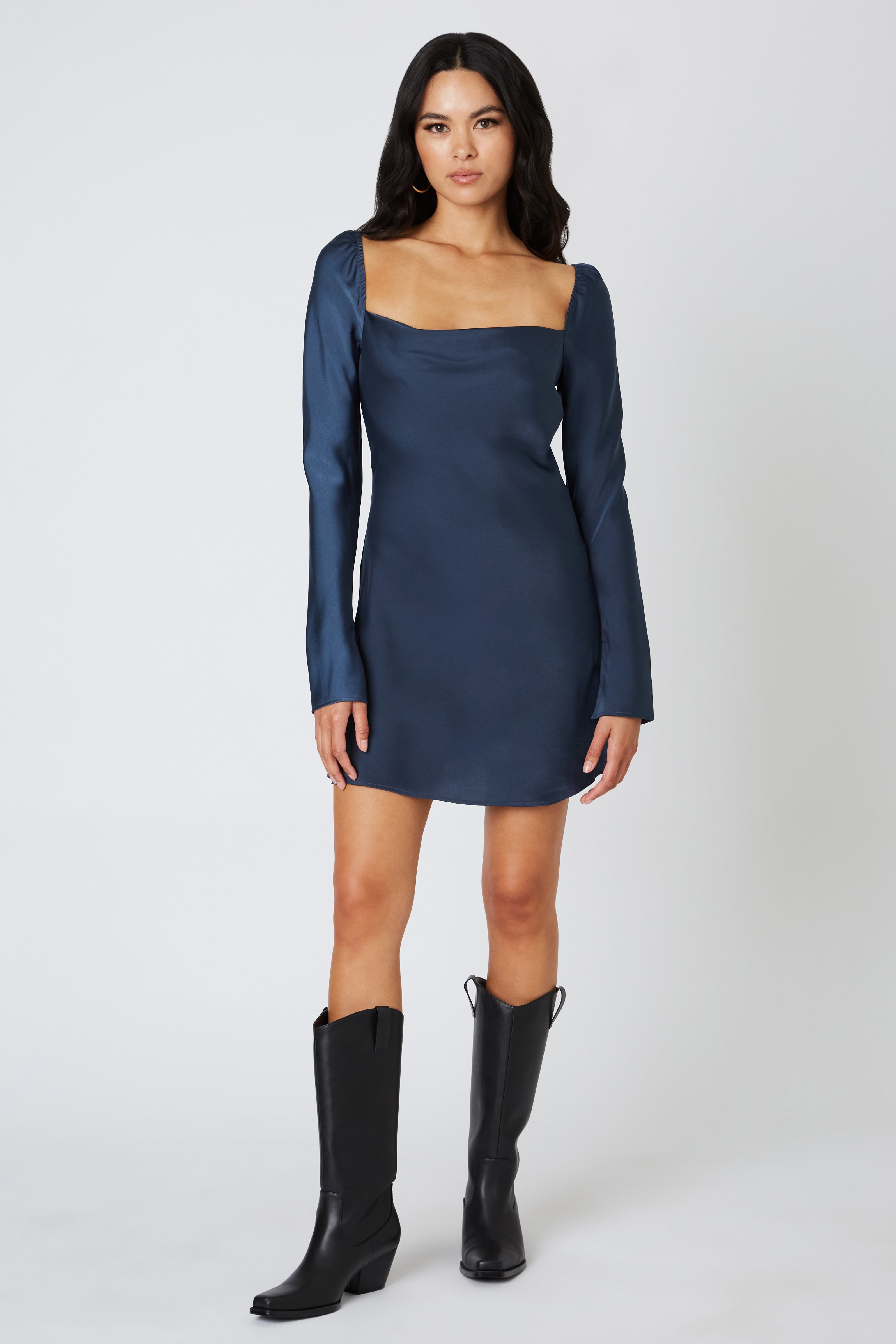 Satin Long Sleeve Mini Dress in Dark Slate Front View