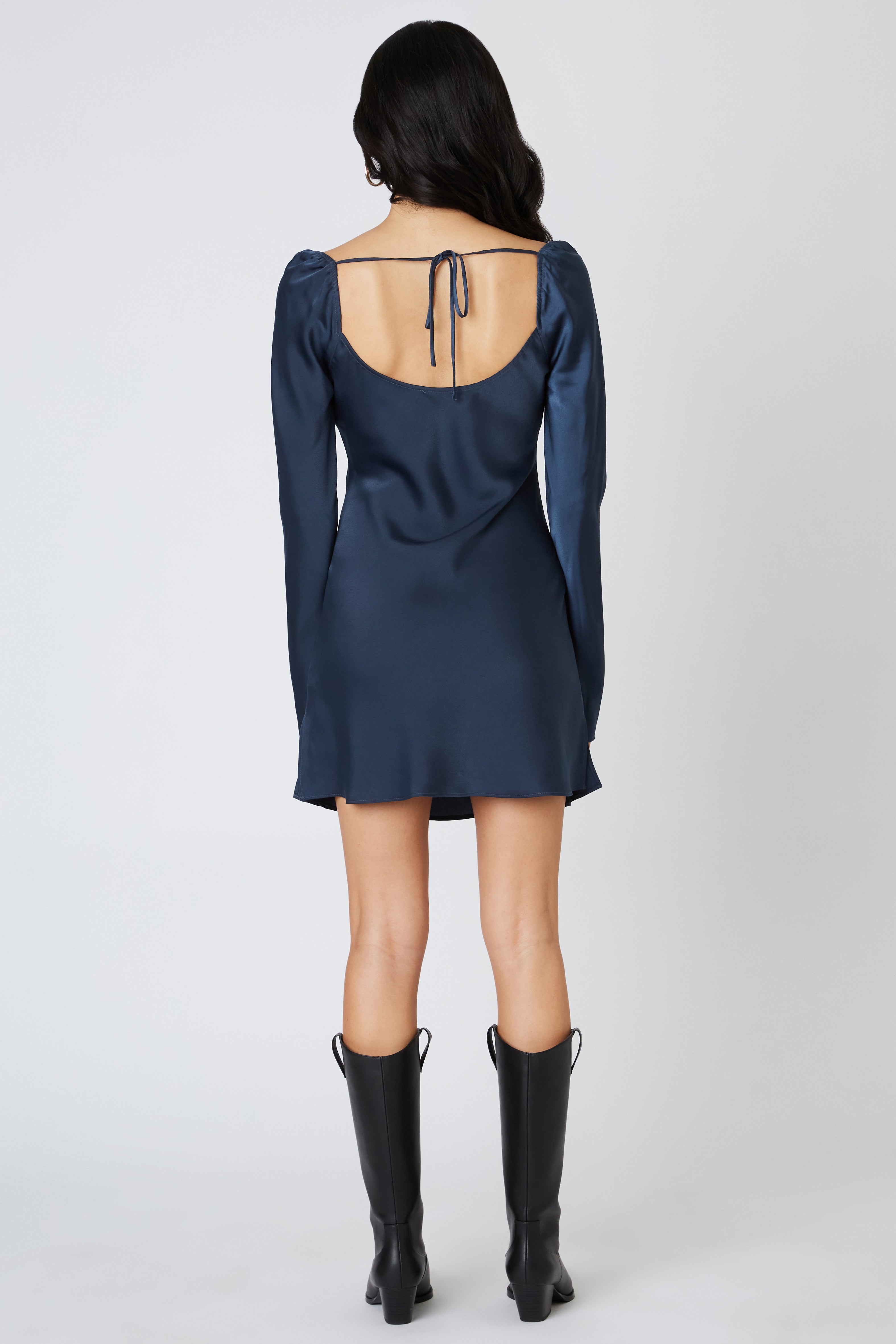 Satin Long Sleeve Mini Dress in Dark Slate Back View