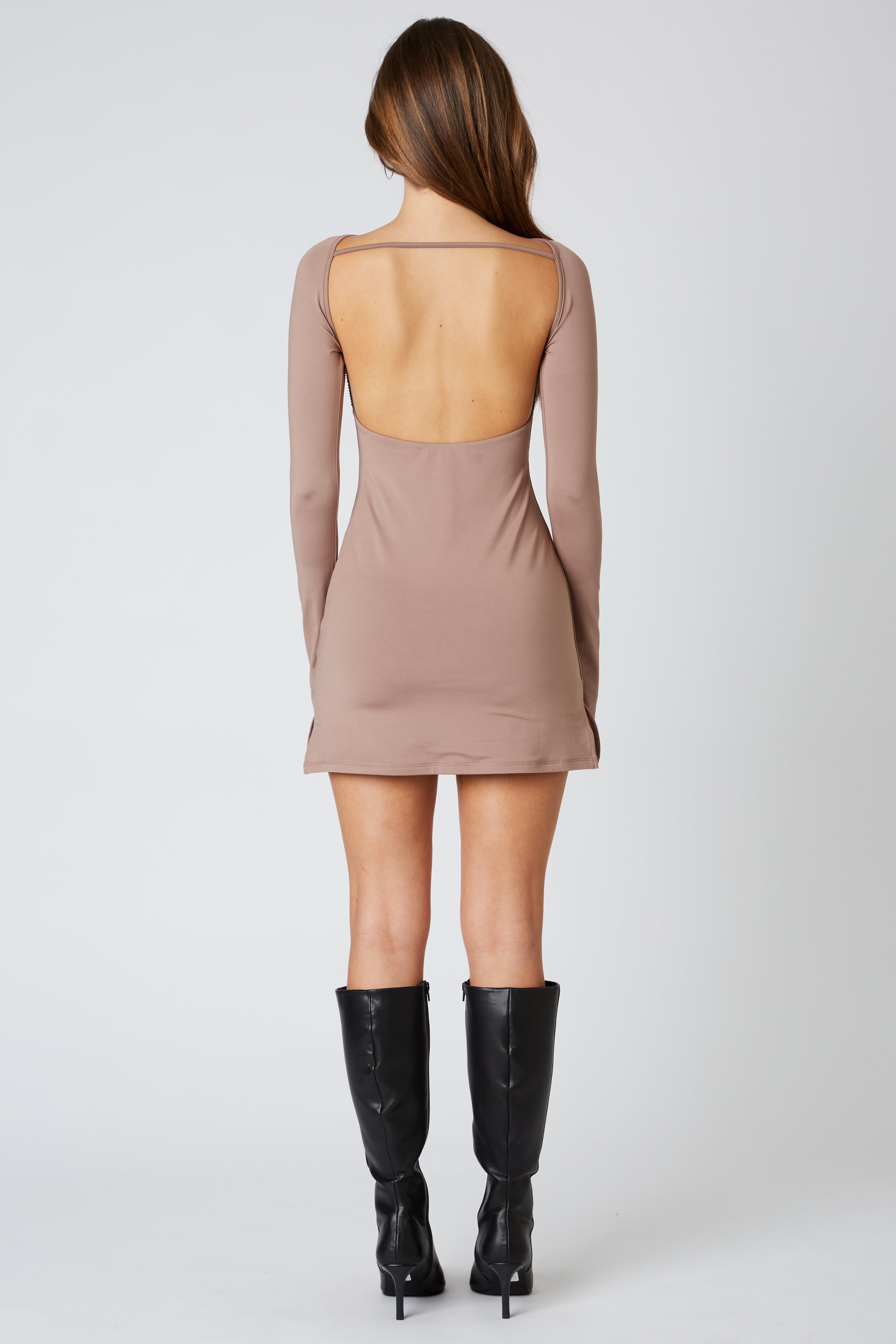 Long Sleeve Mini Dress in Mocha Back View