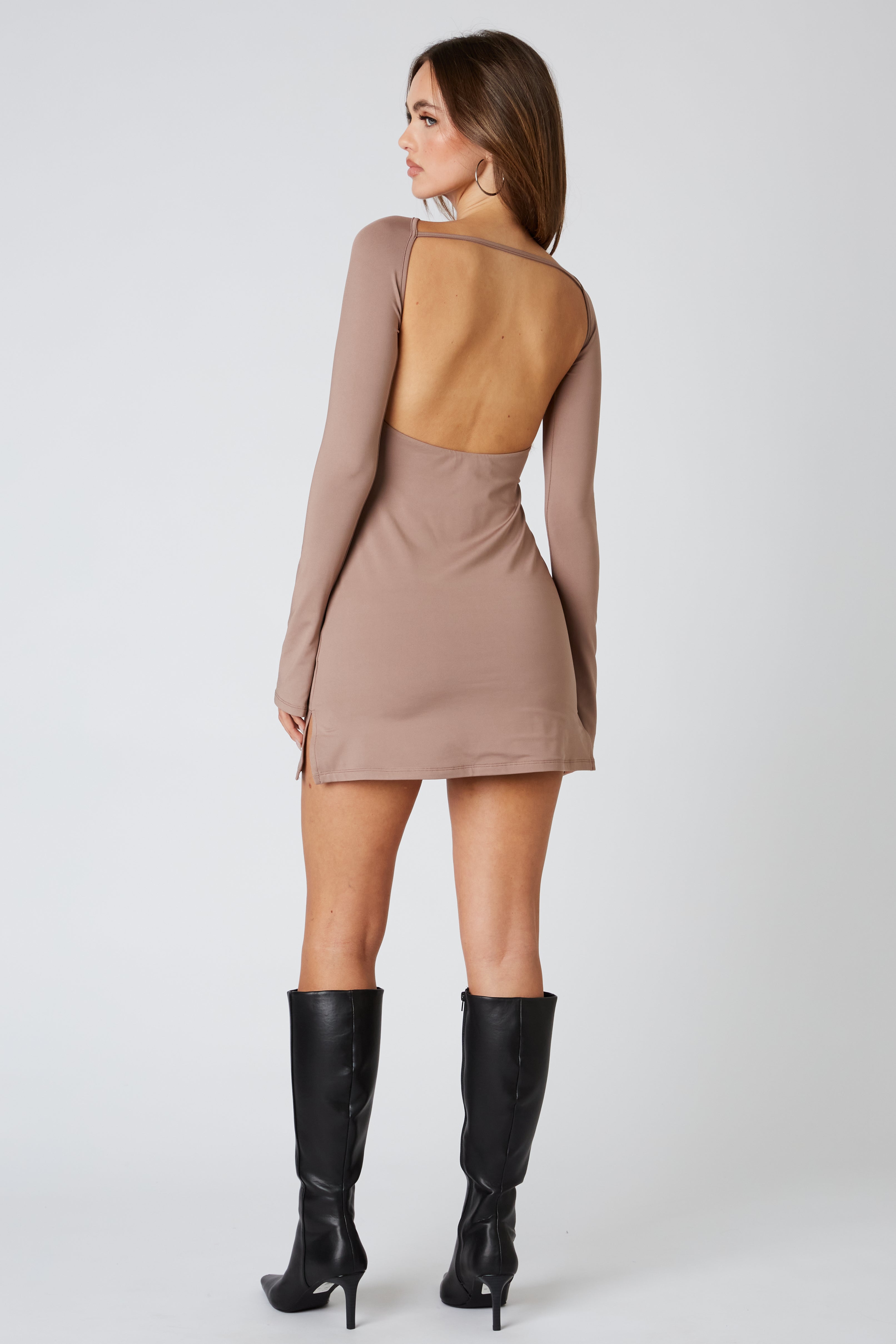 Long Sleeve Mini Dress in Mocha Back View