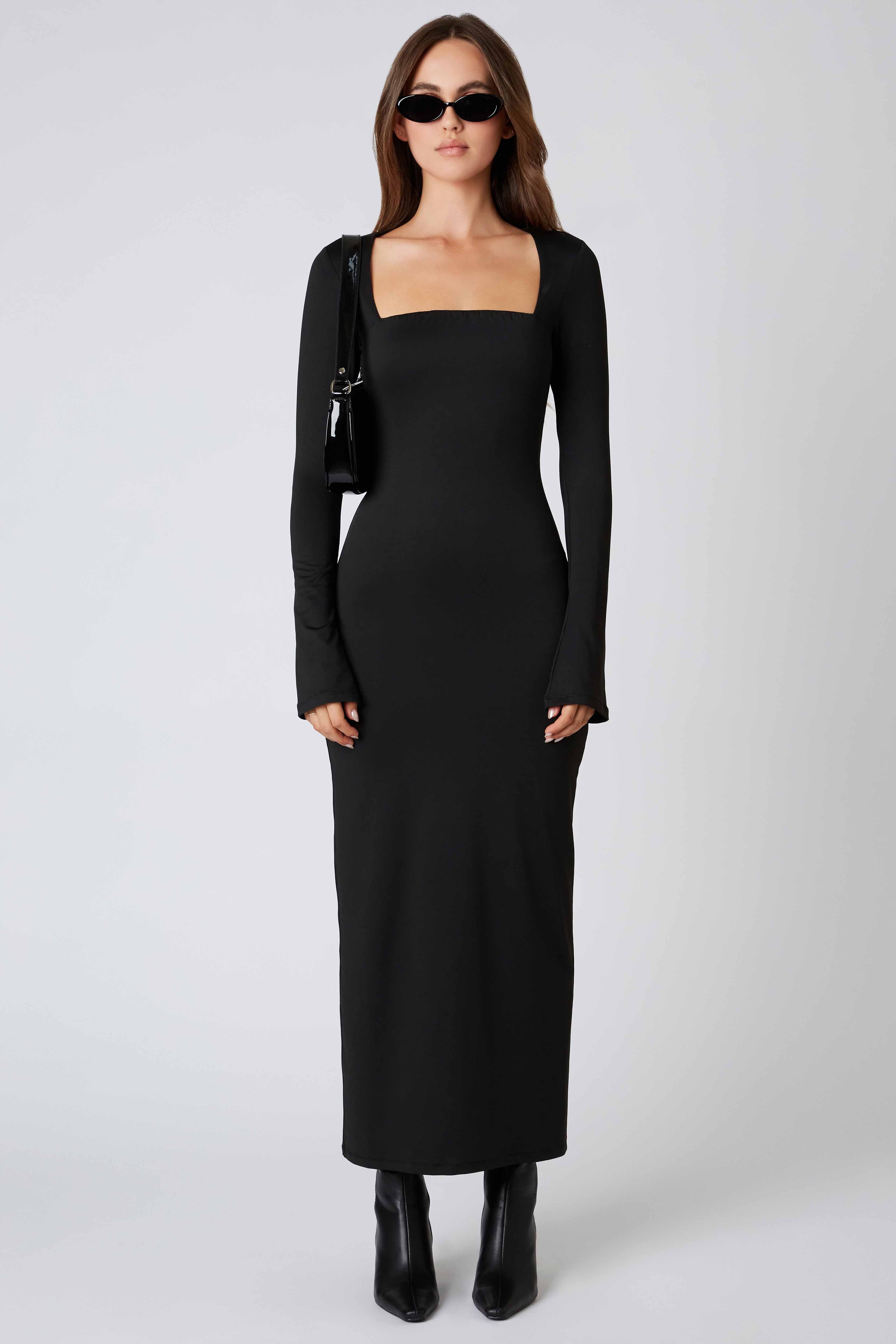 Long Sleeve Maxi Dress in Black Front View