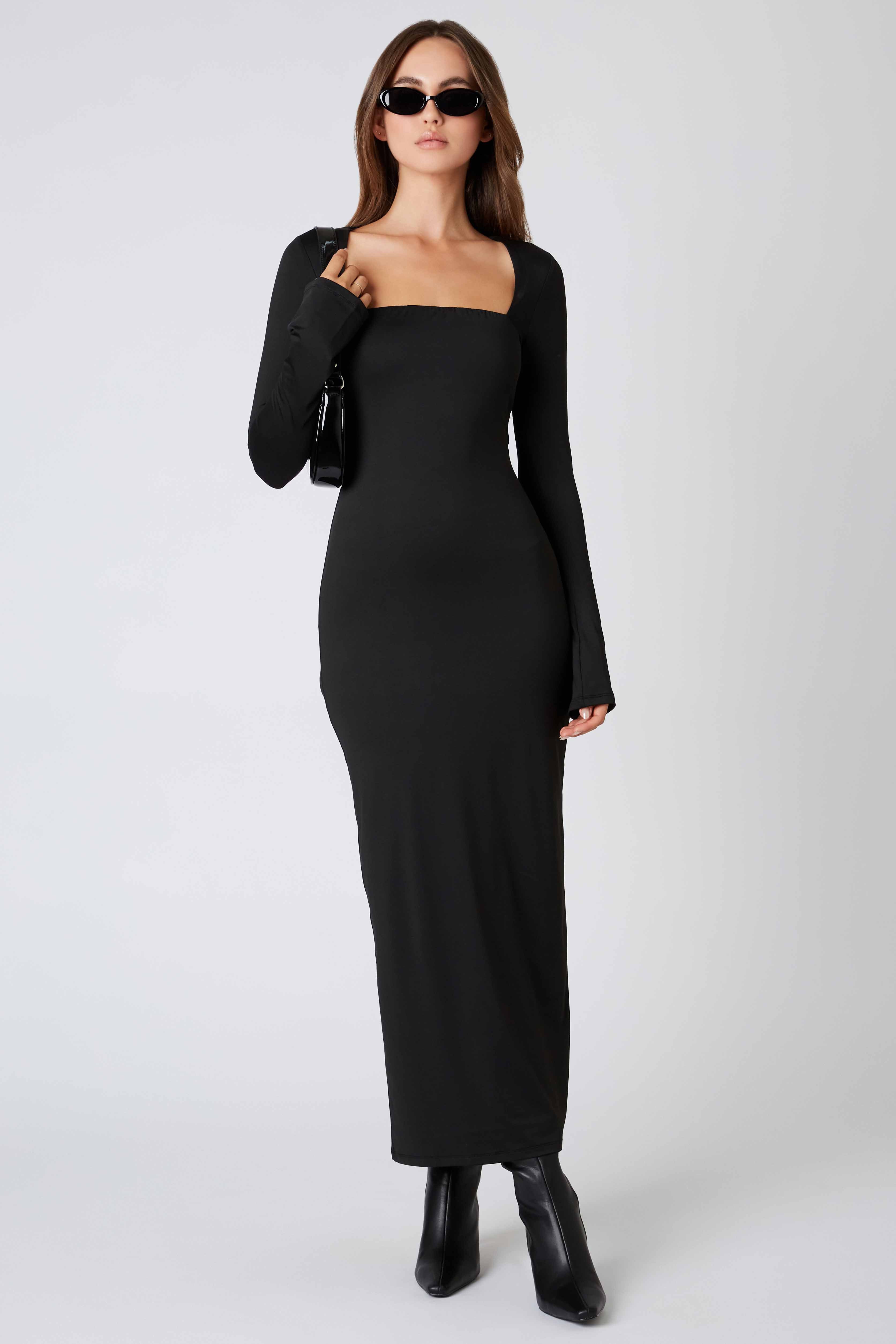 Long Sleeve Maxi Dress in Black Front View