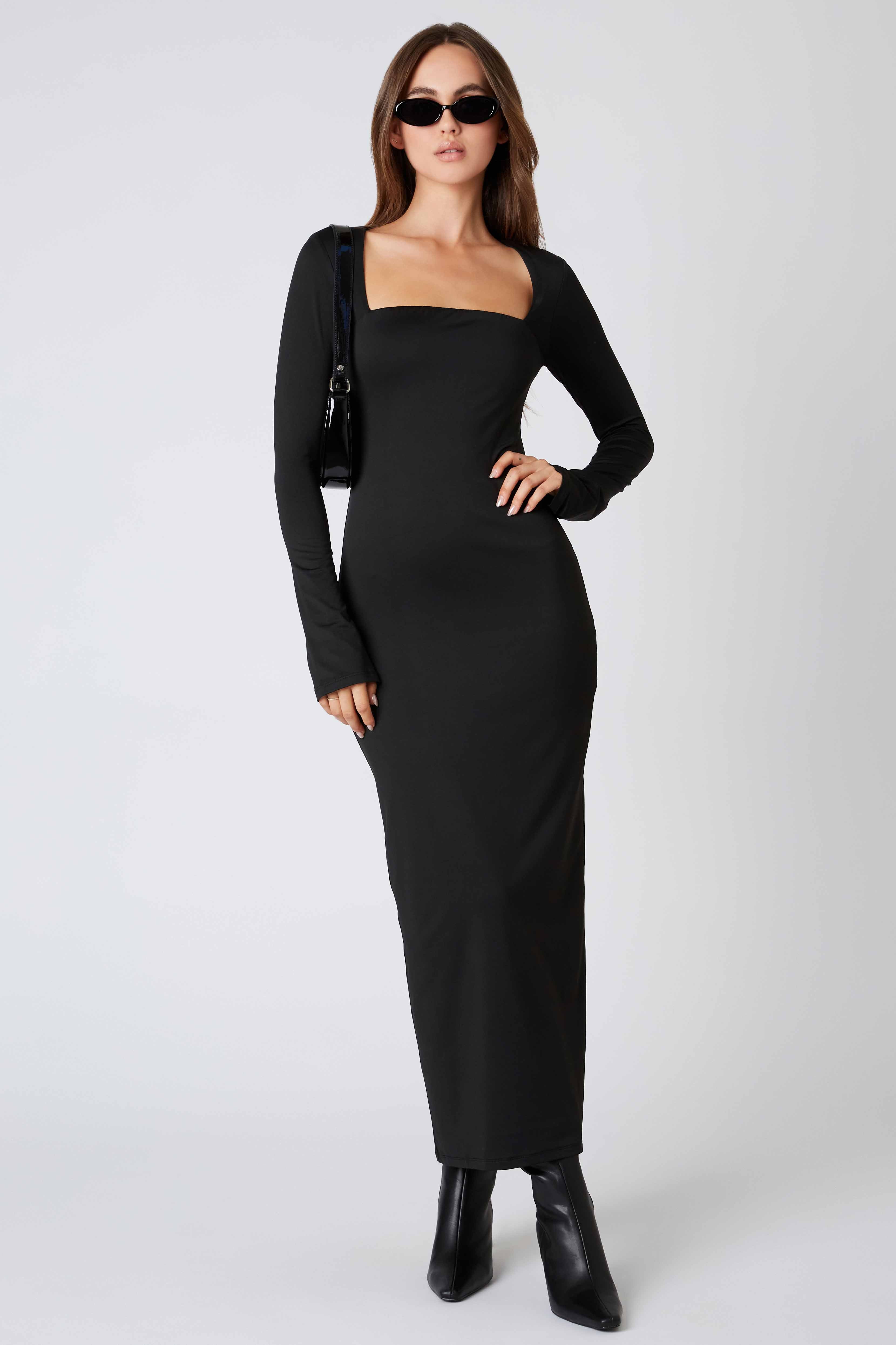 Long Sleeve Maxi Dress in Black Front View