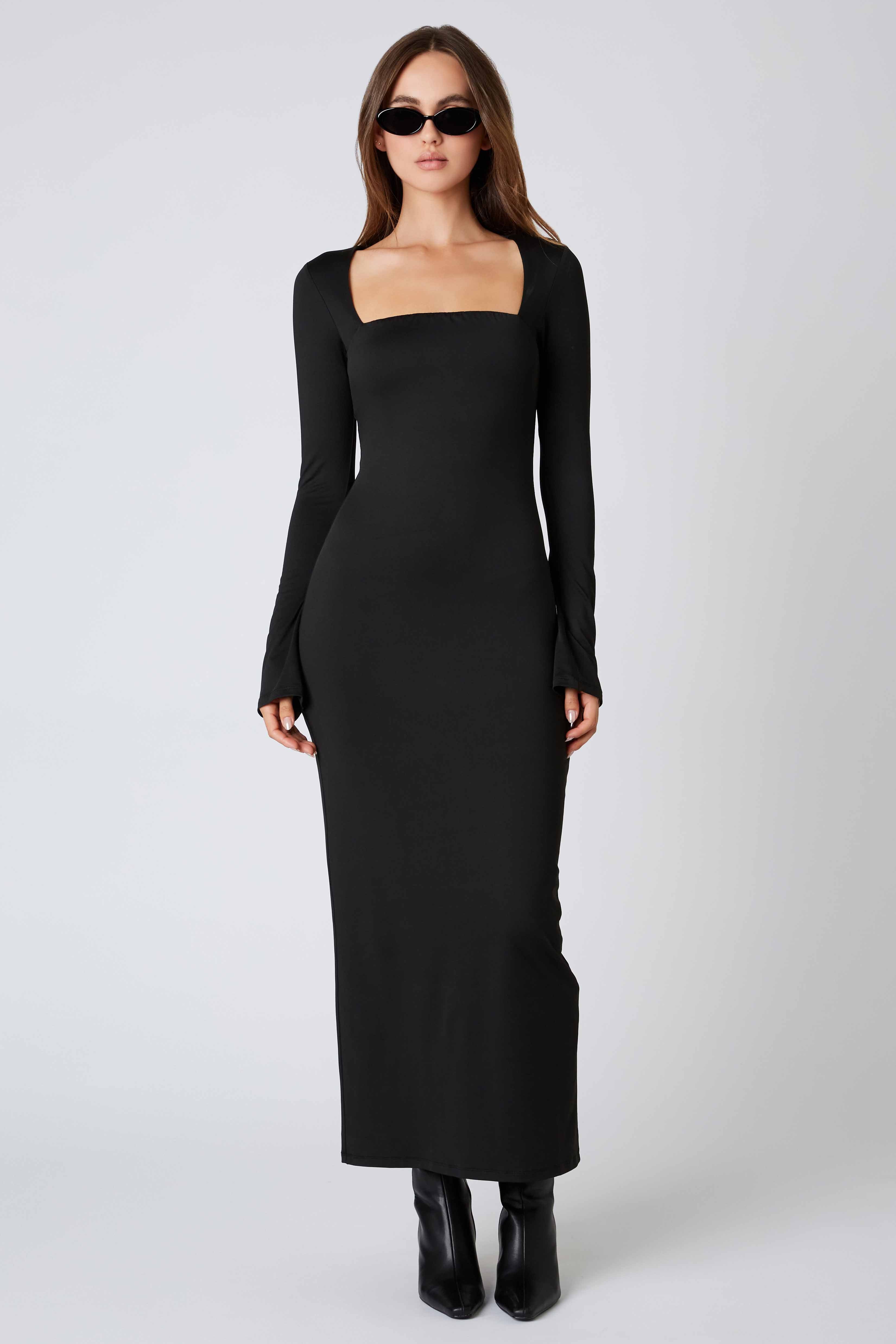 Long Sleeve Maxi Dress in Black Front View