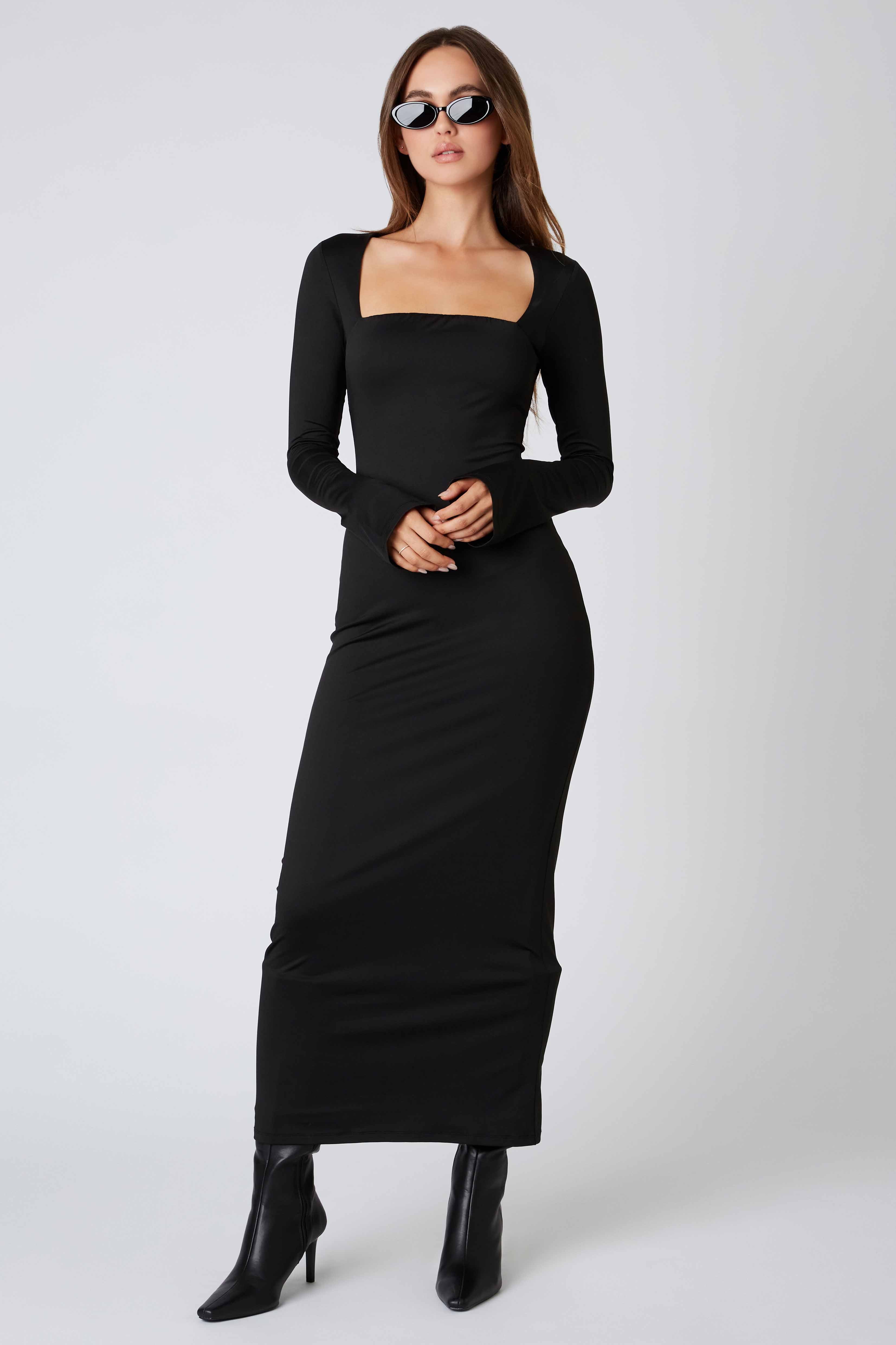 Long Sleeve Maxi Dress in Black Front View