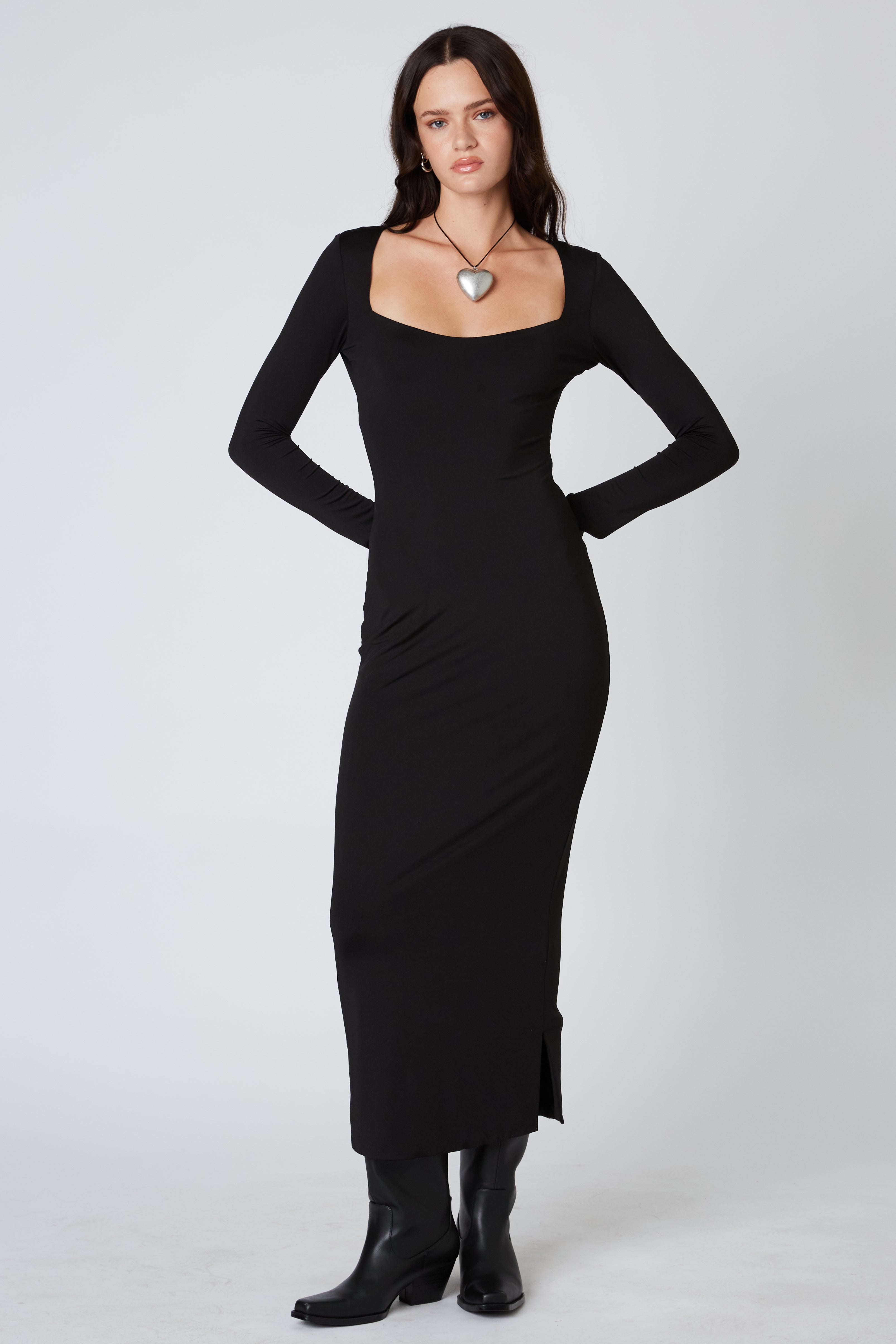 Long Sleeve Maxi Dress in black front view 2