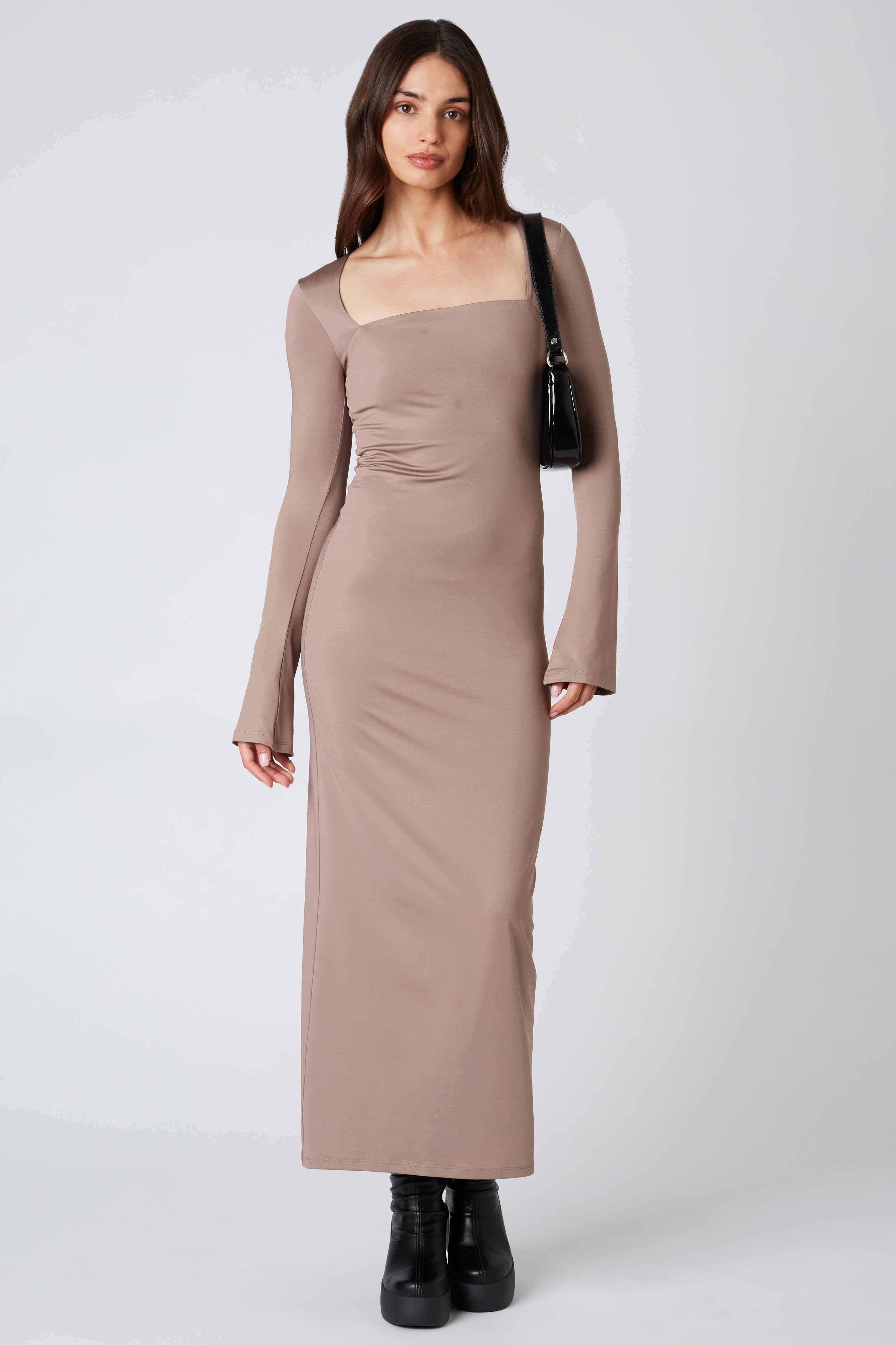 Long Sleeve Maxi Dress in Mocha Front View