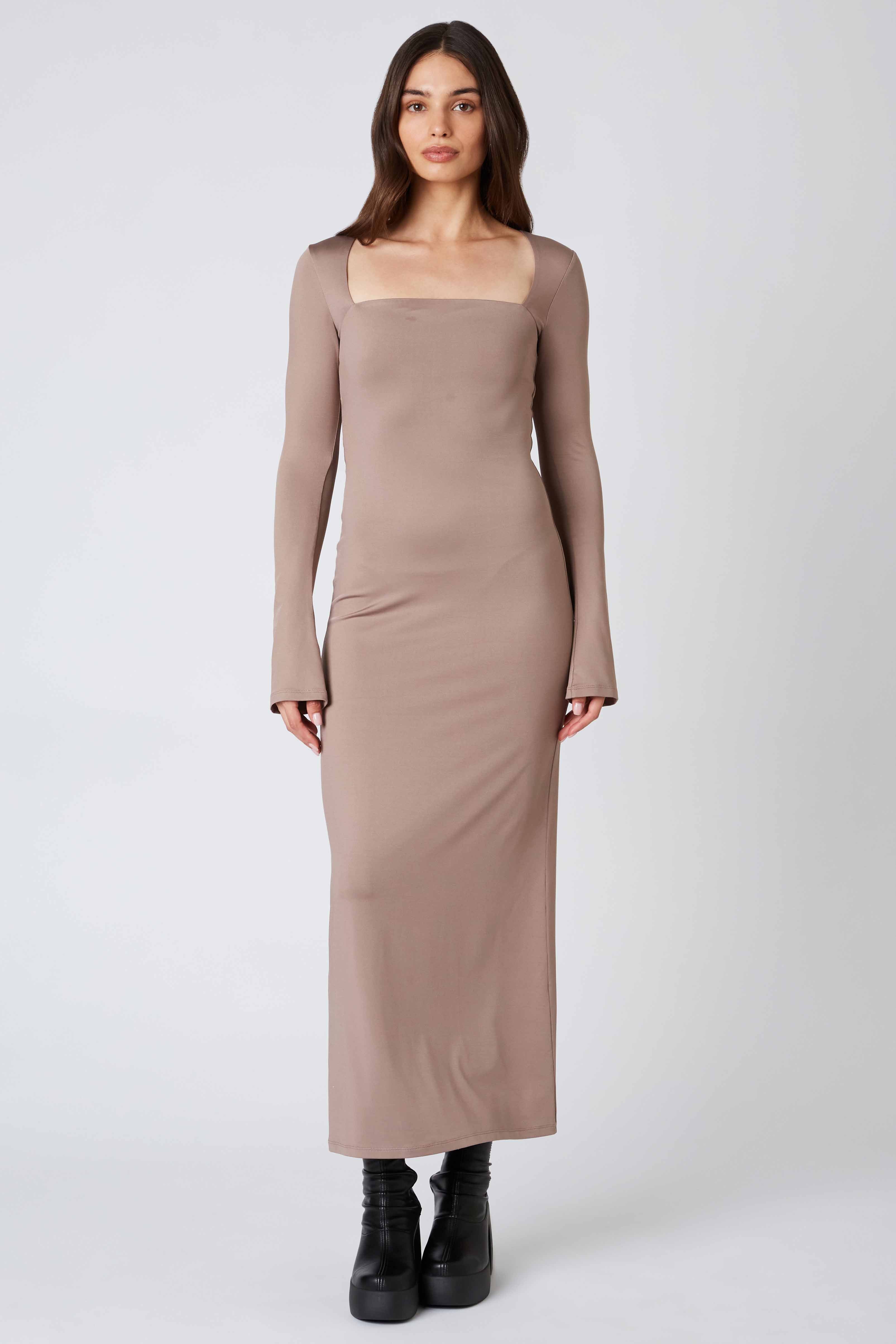 Long Sleeve Maxi Dress in Mocha Front View