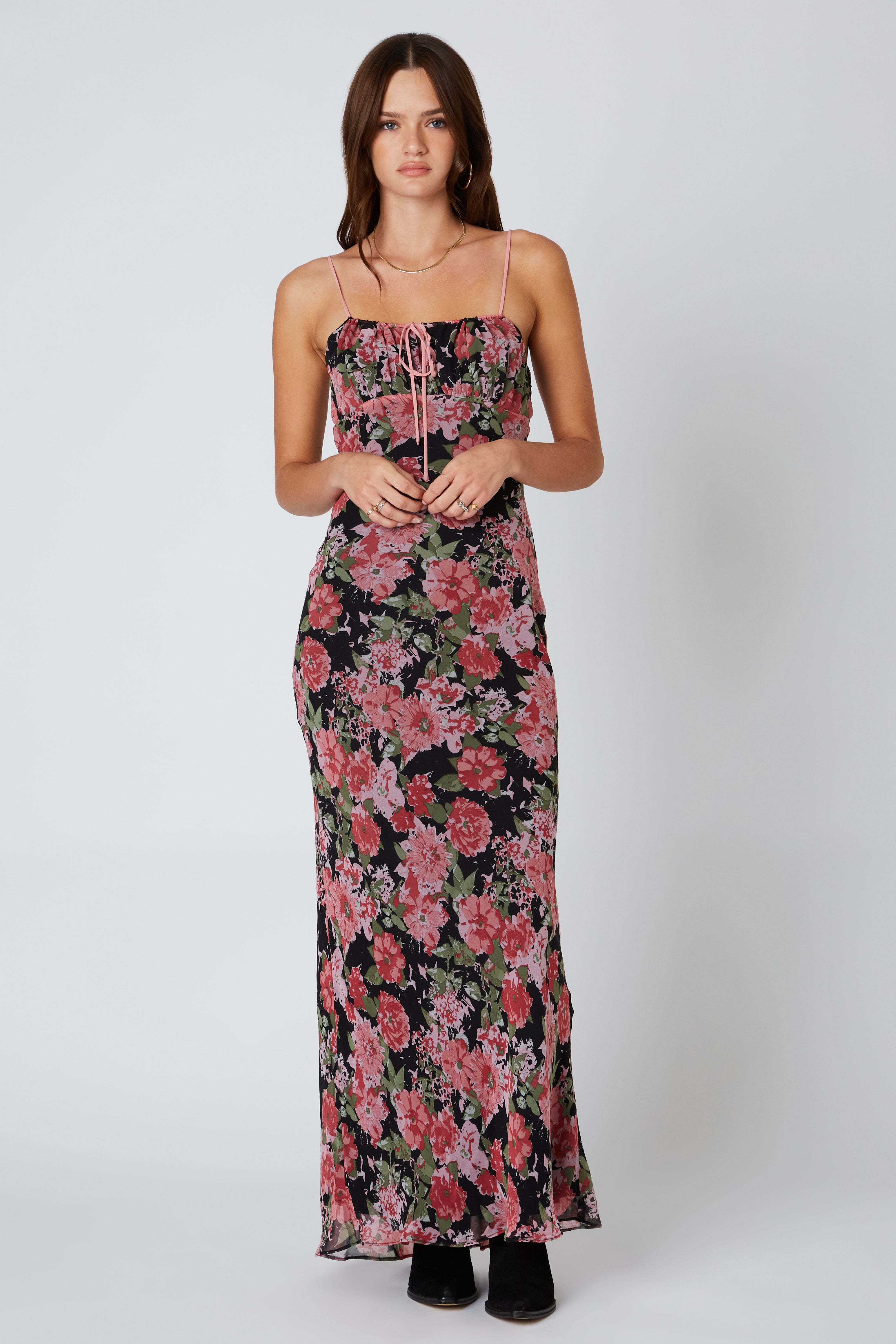Floral Maxi Bias Dress in Black Front View