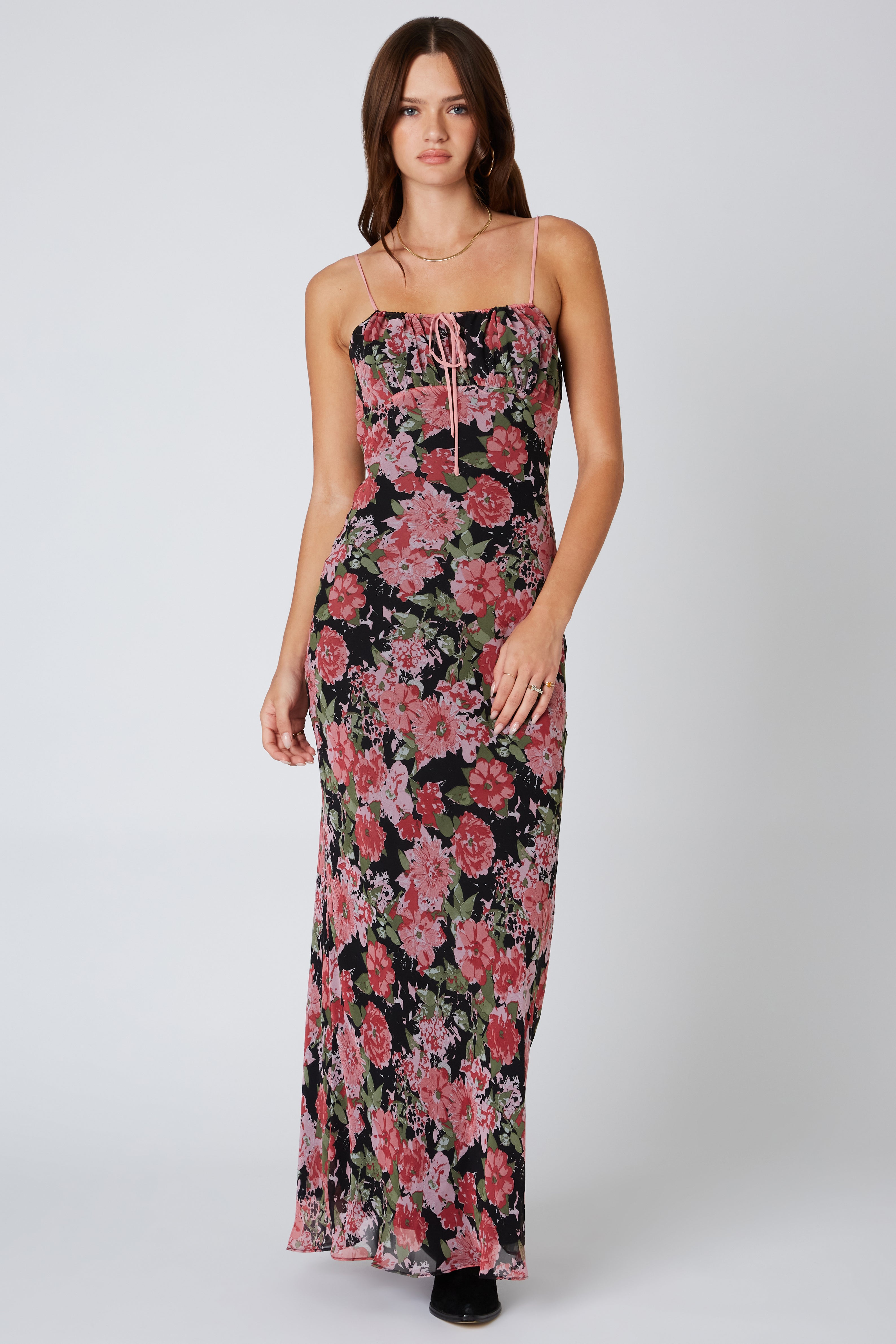 Floral Maxi Bias Dress in Black Front View