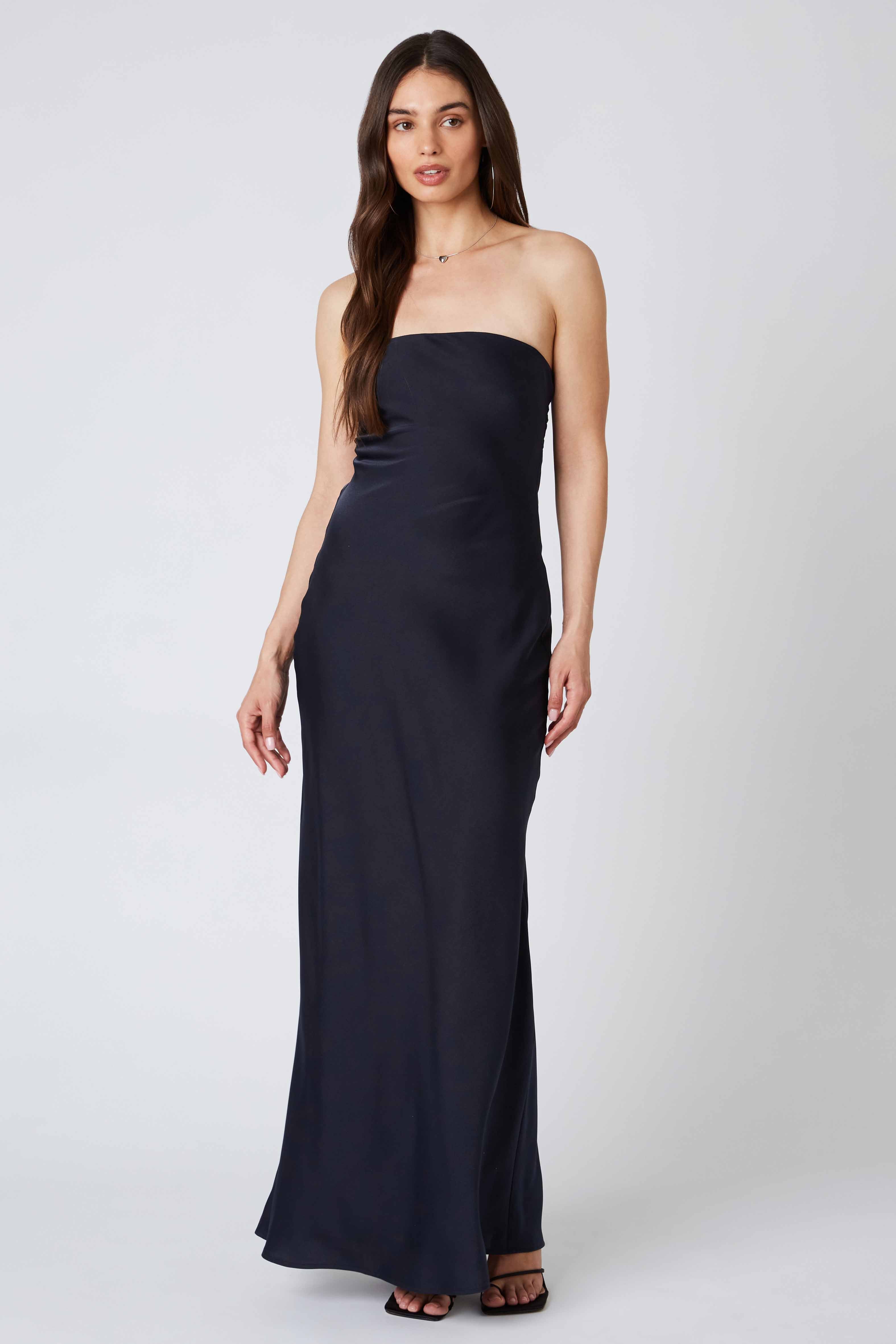 Tie-Back Strapless Maxi Dress in Ink Front View