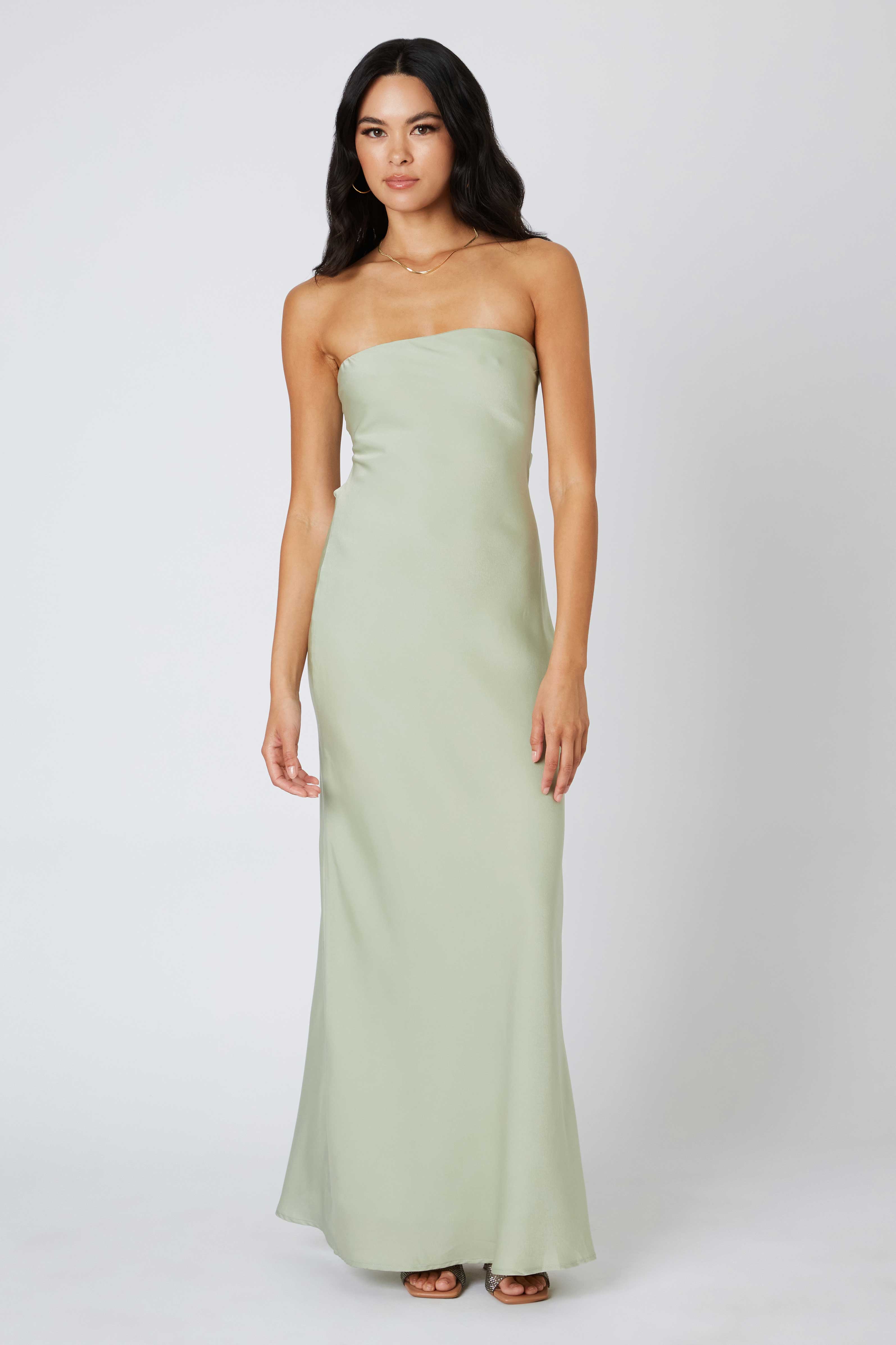 Tie-Back Strapless Maxi Dress in Sage Front View