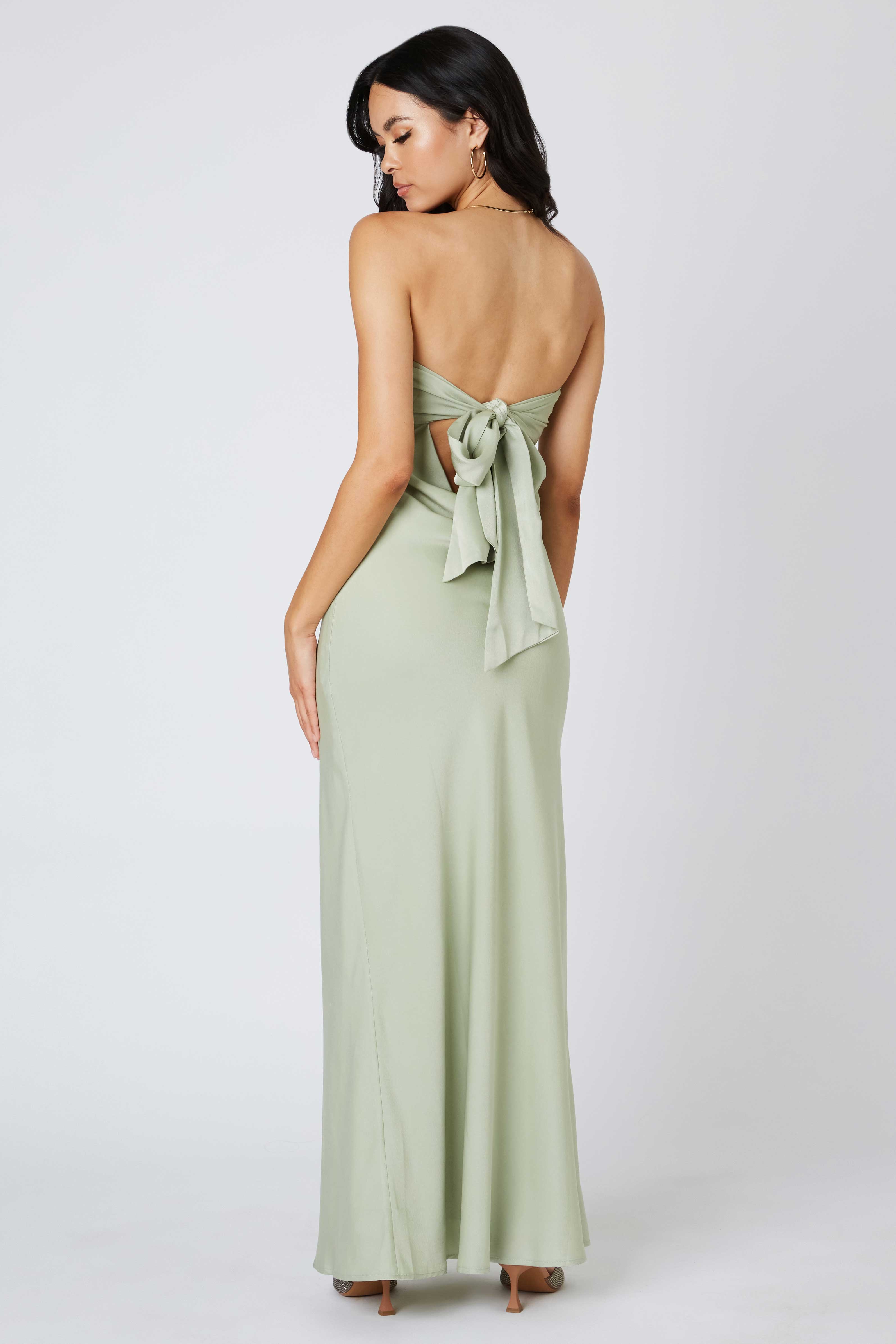 Tie-Back Strapless Maxi Dress in Sage Back View