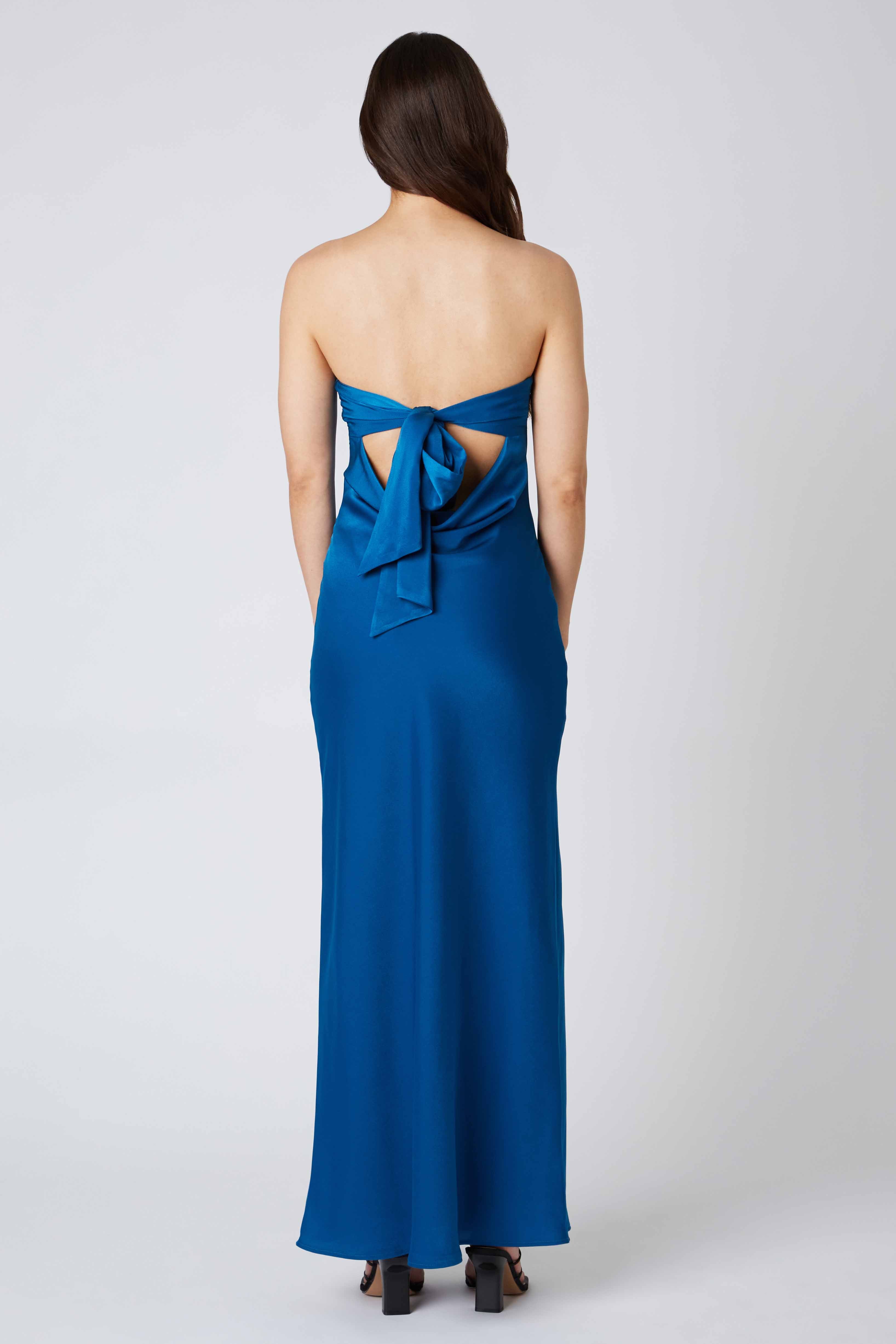 Tie-Back Strapless Maxi Dress in Teal Blue Back View