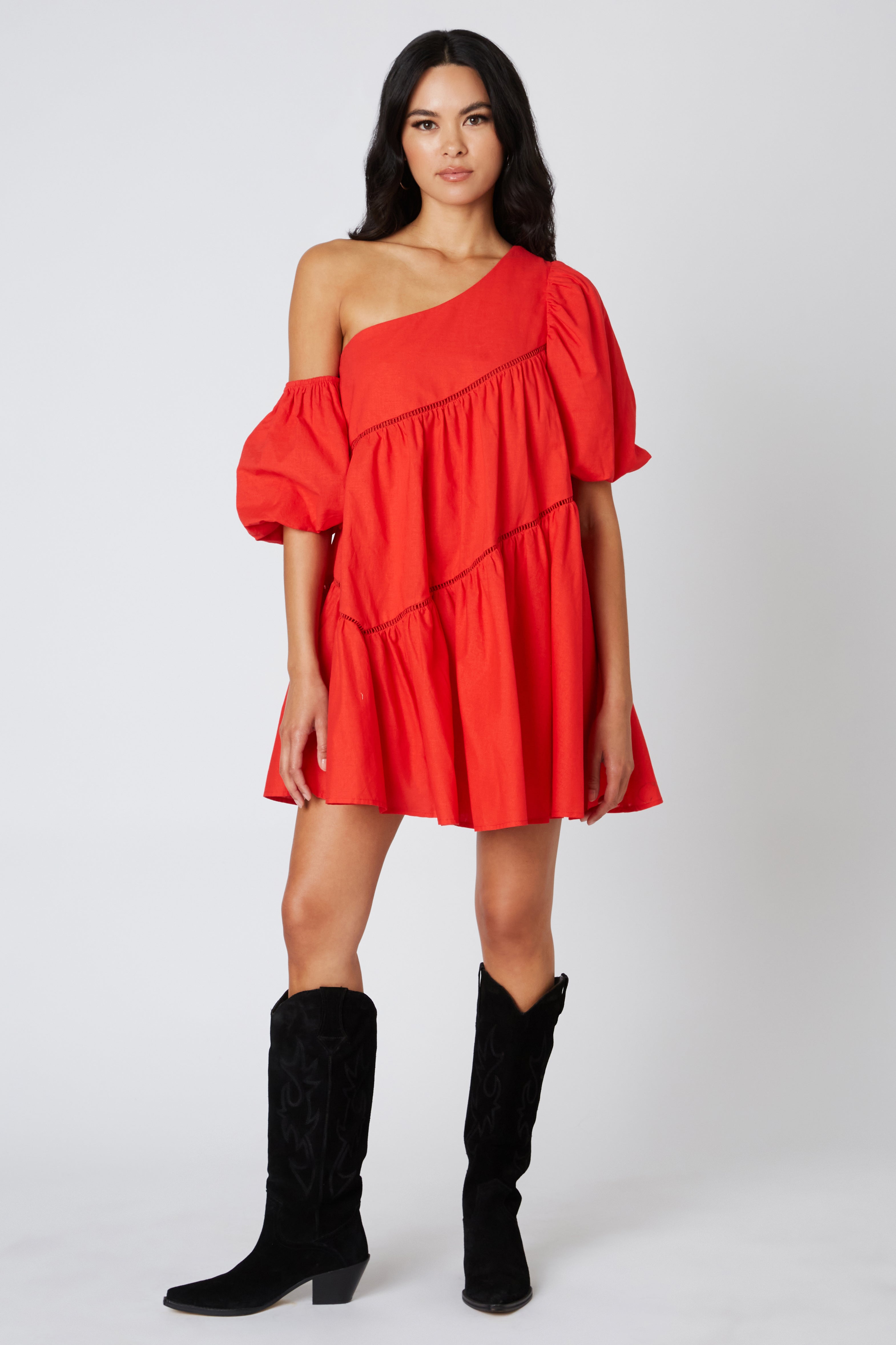 Cold Shoulder Trapeze Dress in Red Front View