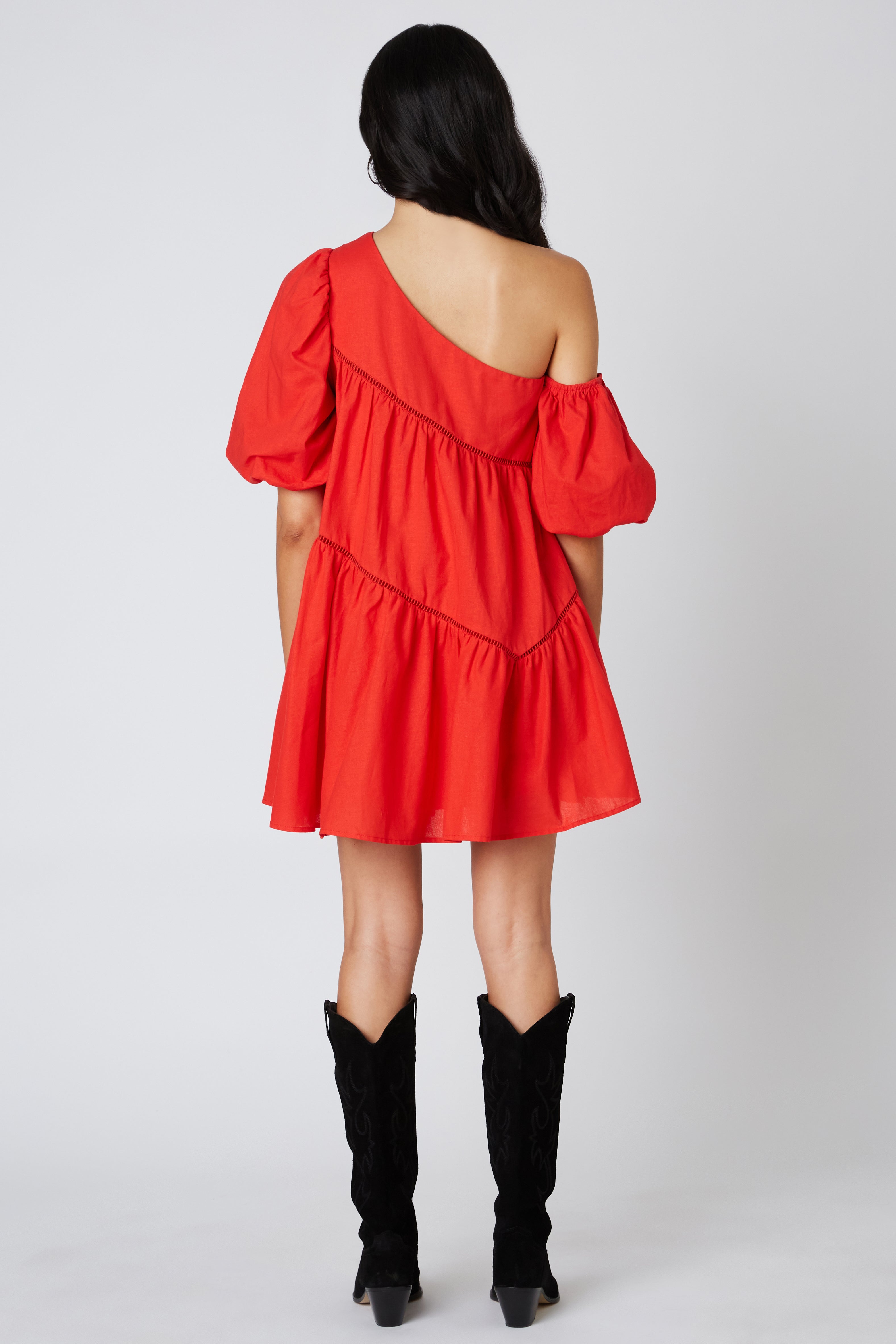 Cold Shoulder Trapeze Dress in Red Back View