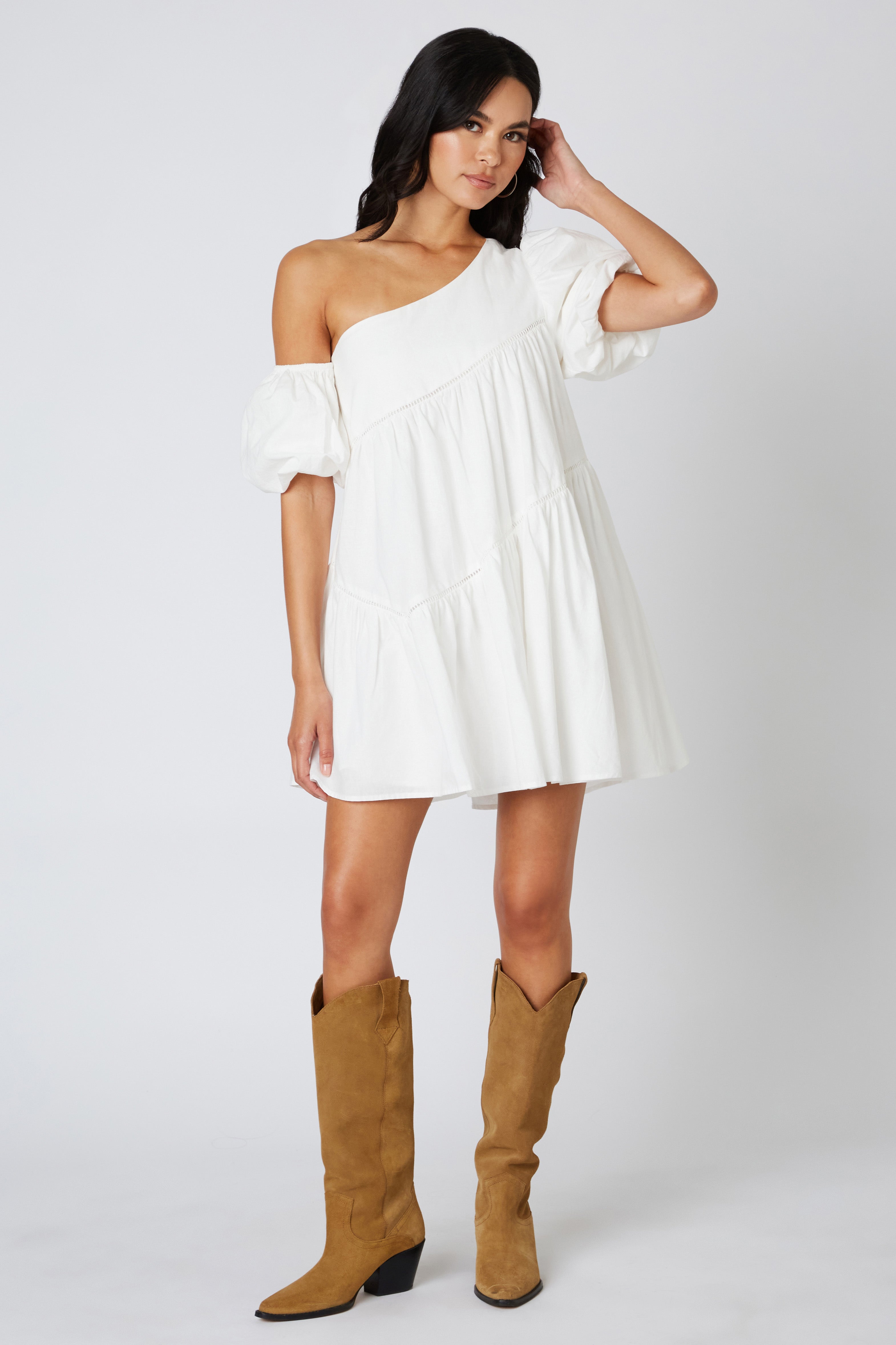 Cold Shoulder Trapeze Dress in White Front View