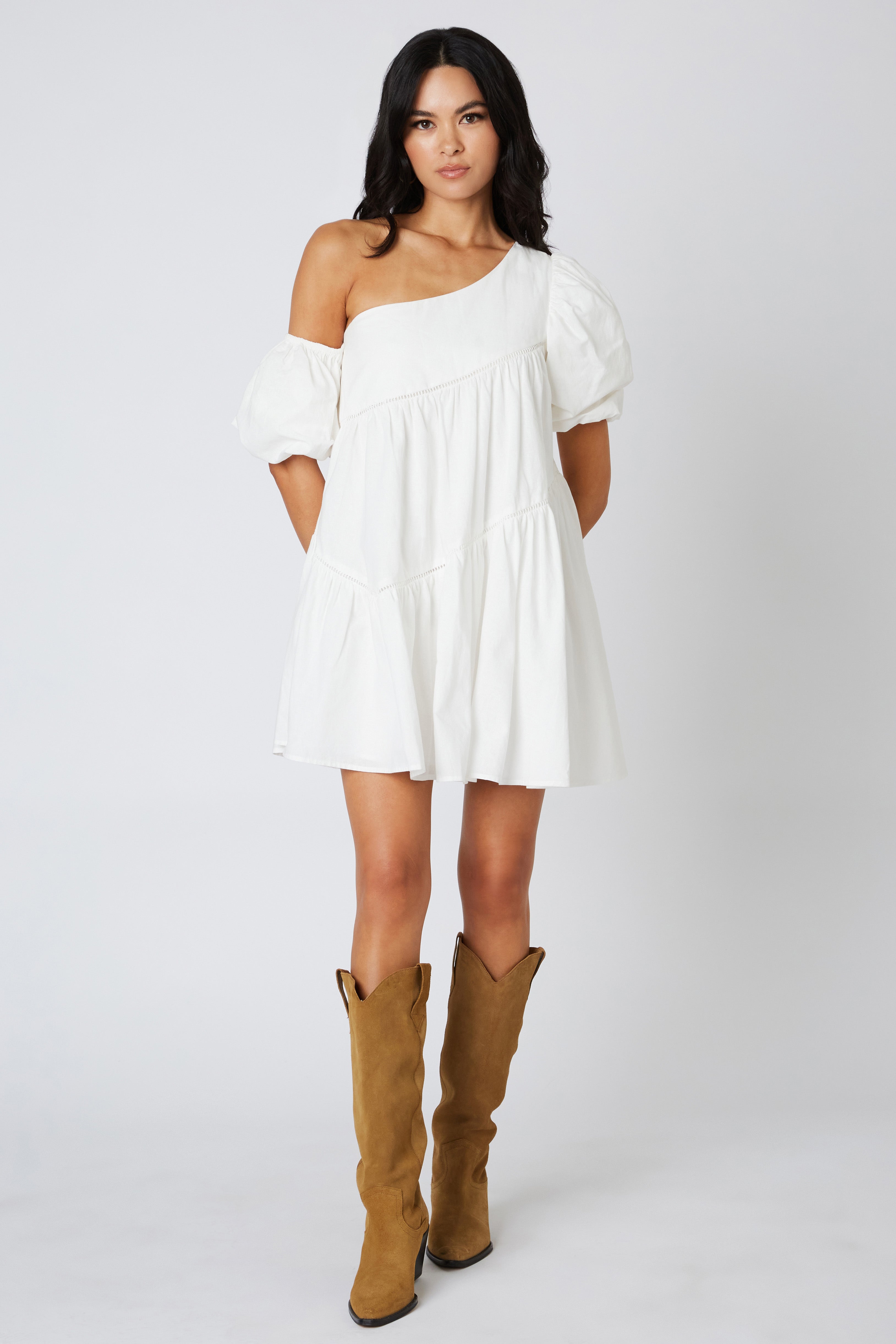 Cold Shoulder Trapeze Dress in White Front View