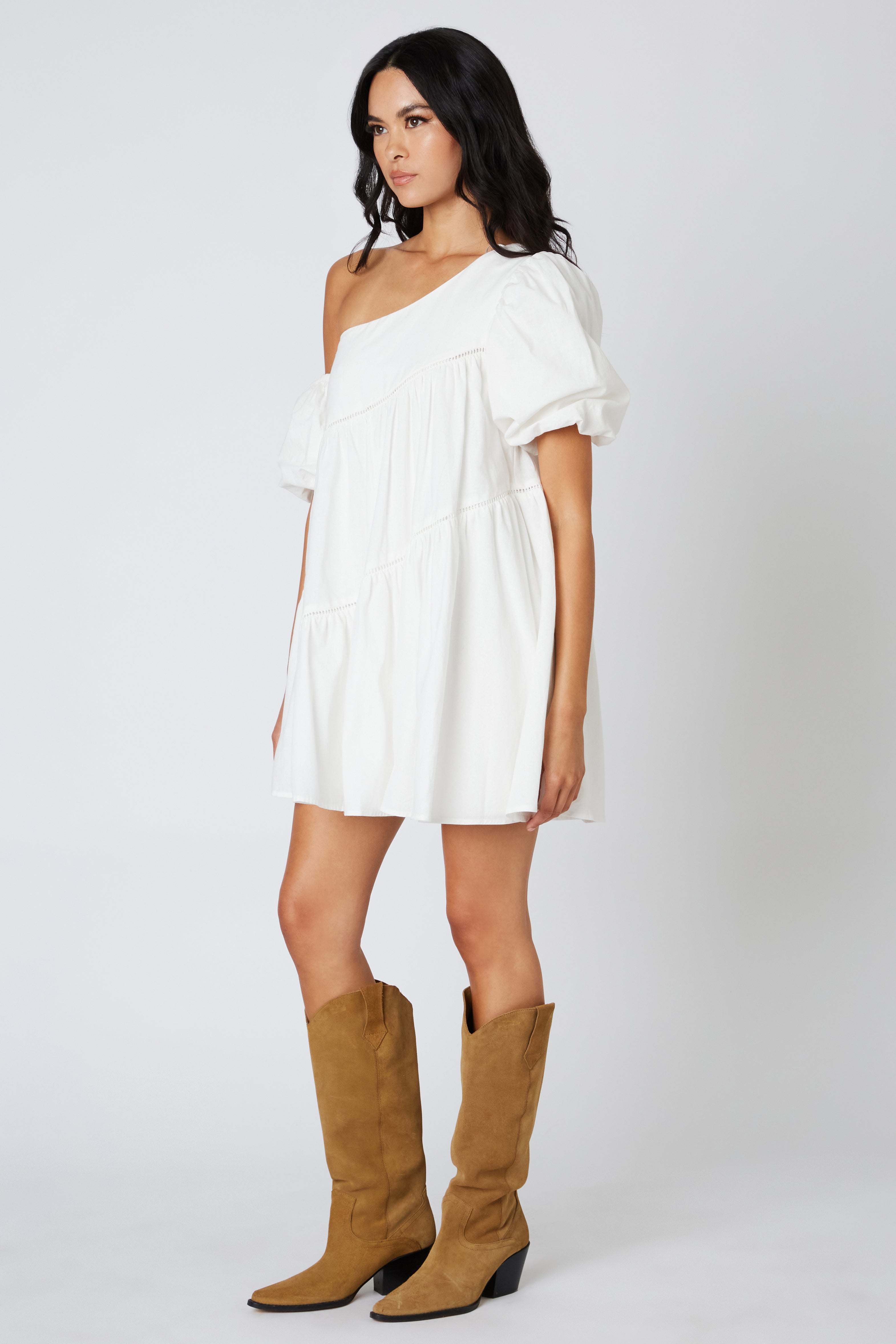 Cold Shoulder Trapeze Dress in White Side View