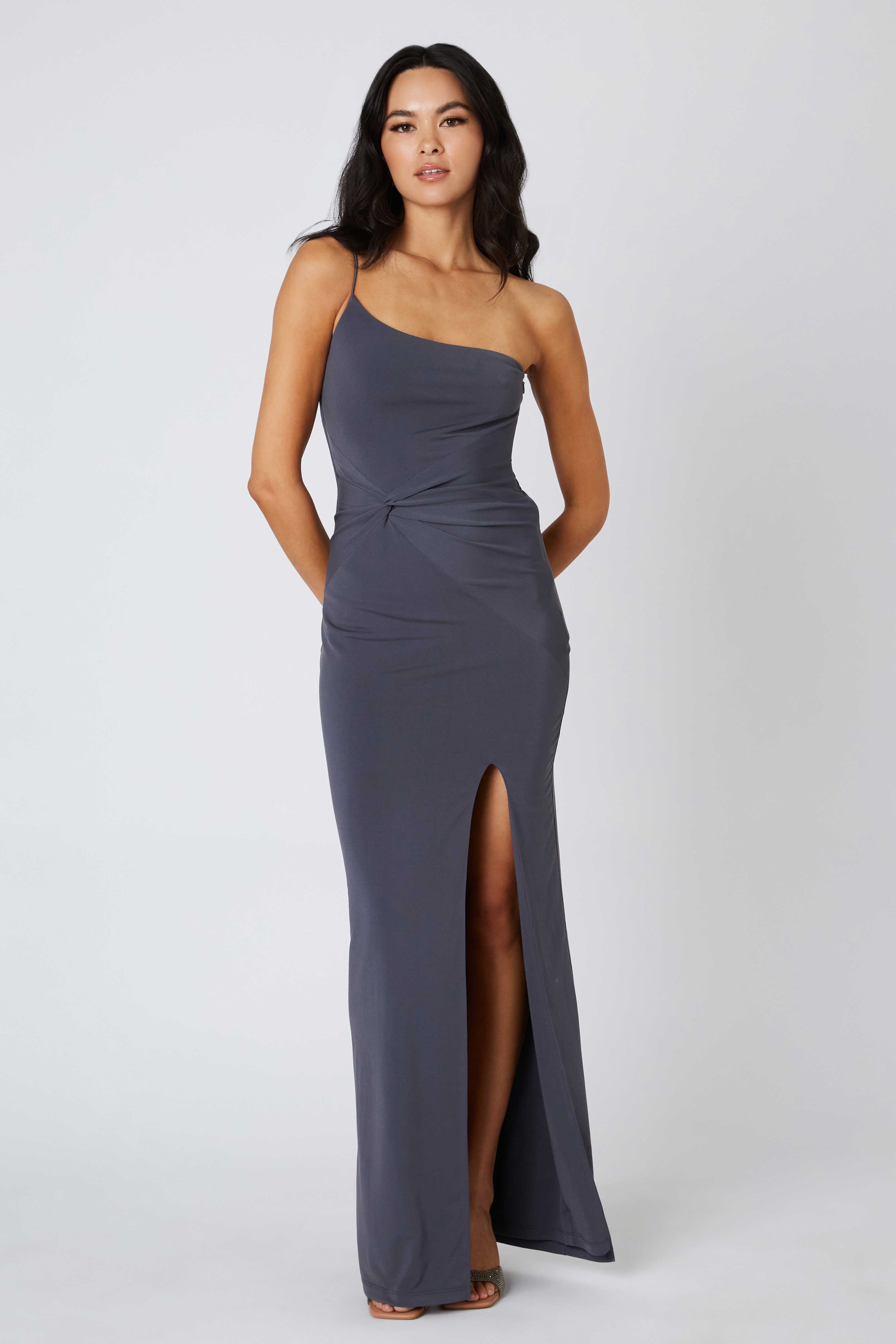 One Shoulder Bodycon Maxi Dress in Pewter Front View