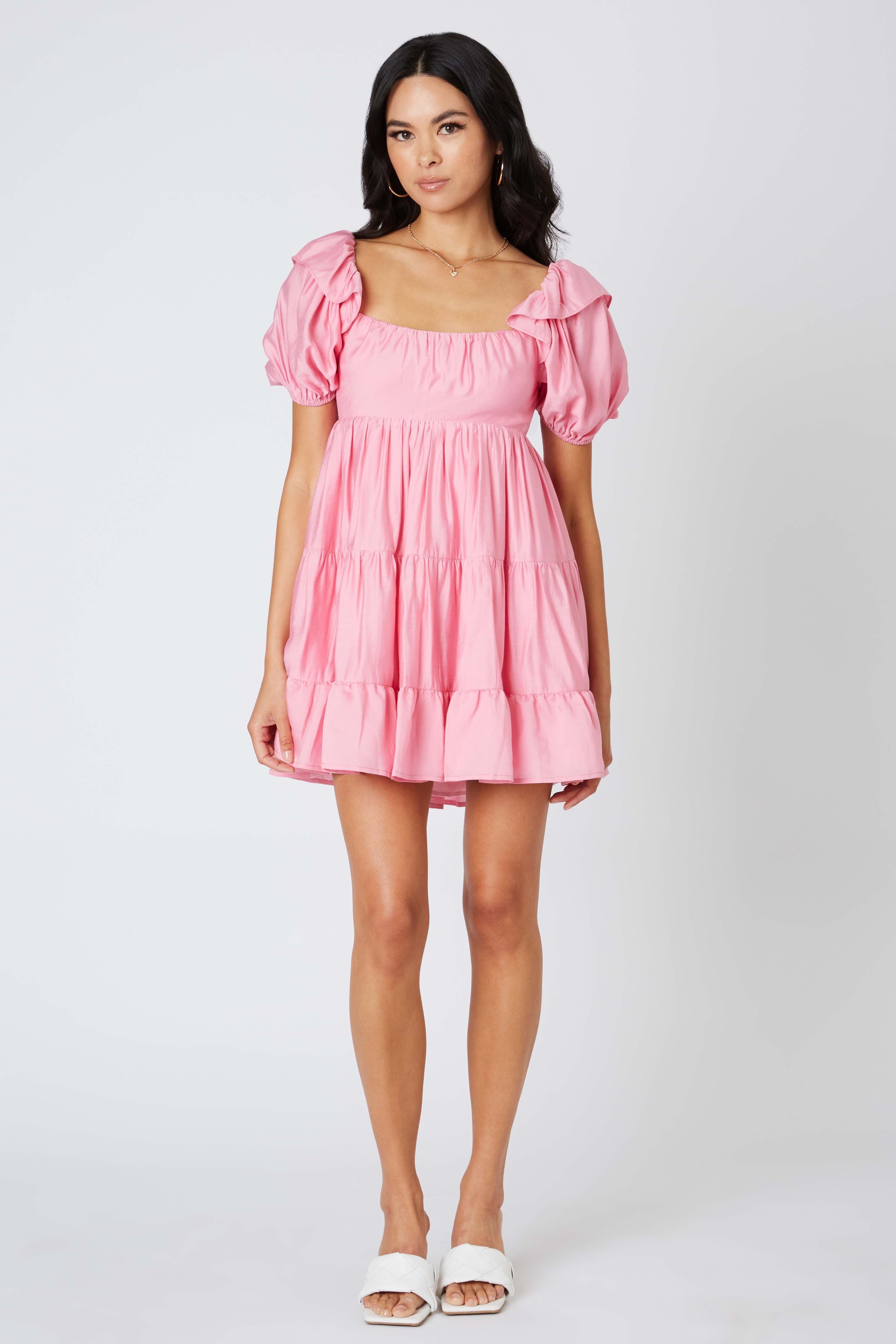 Puff Sleeve Babydoll Dress in Pink Front View