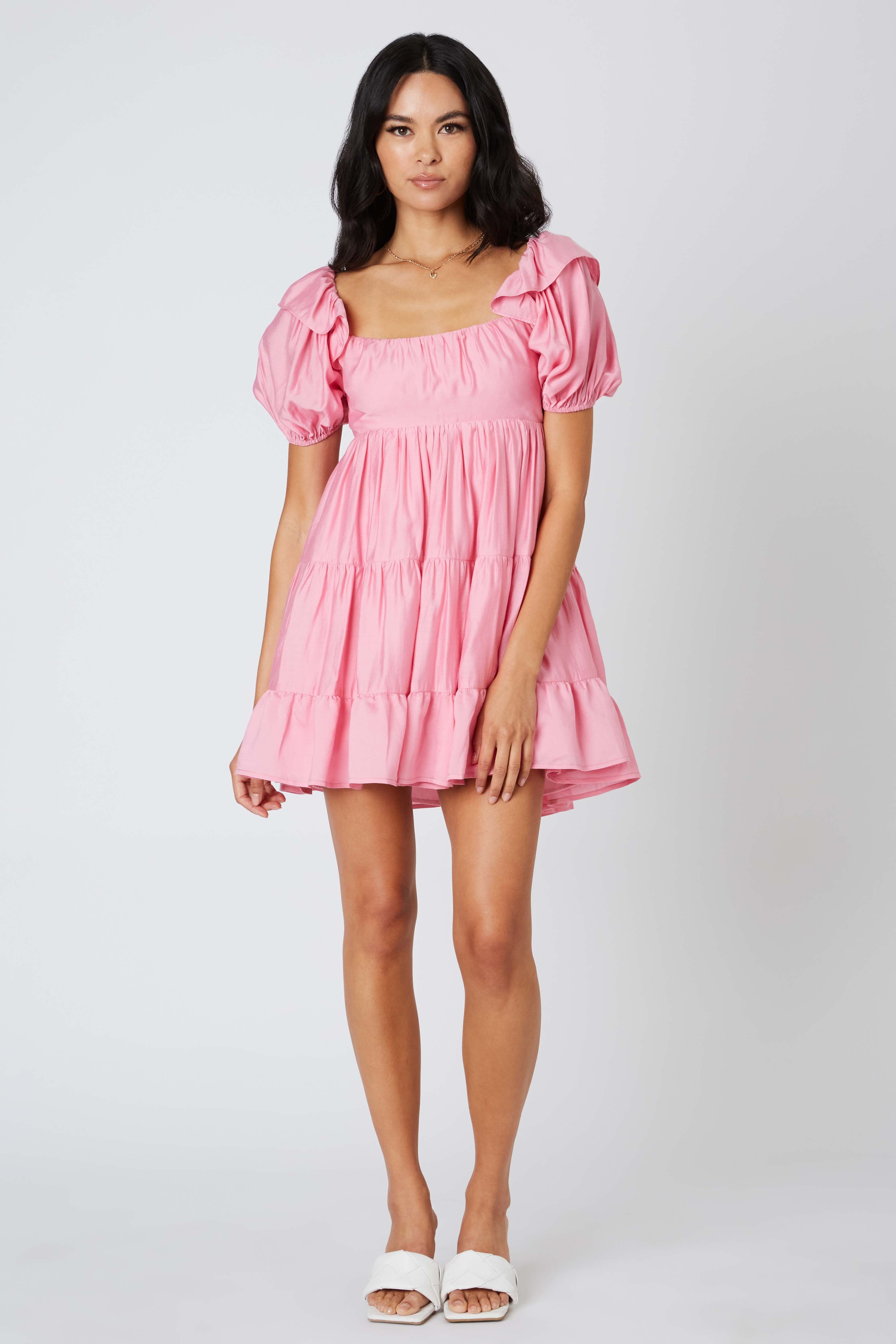 Puff Sleeve Babydoll Dress in Pink Front View