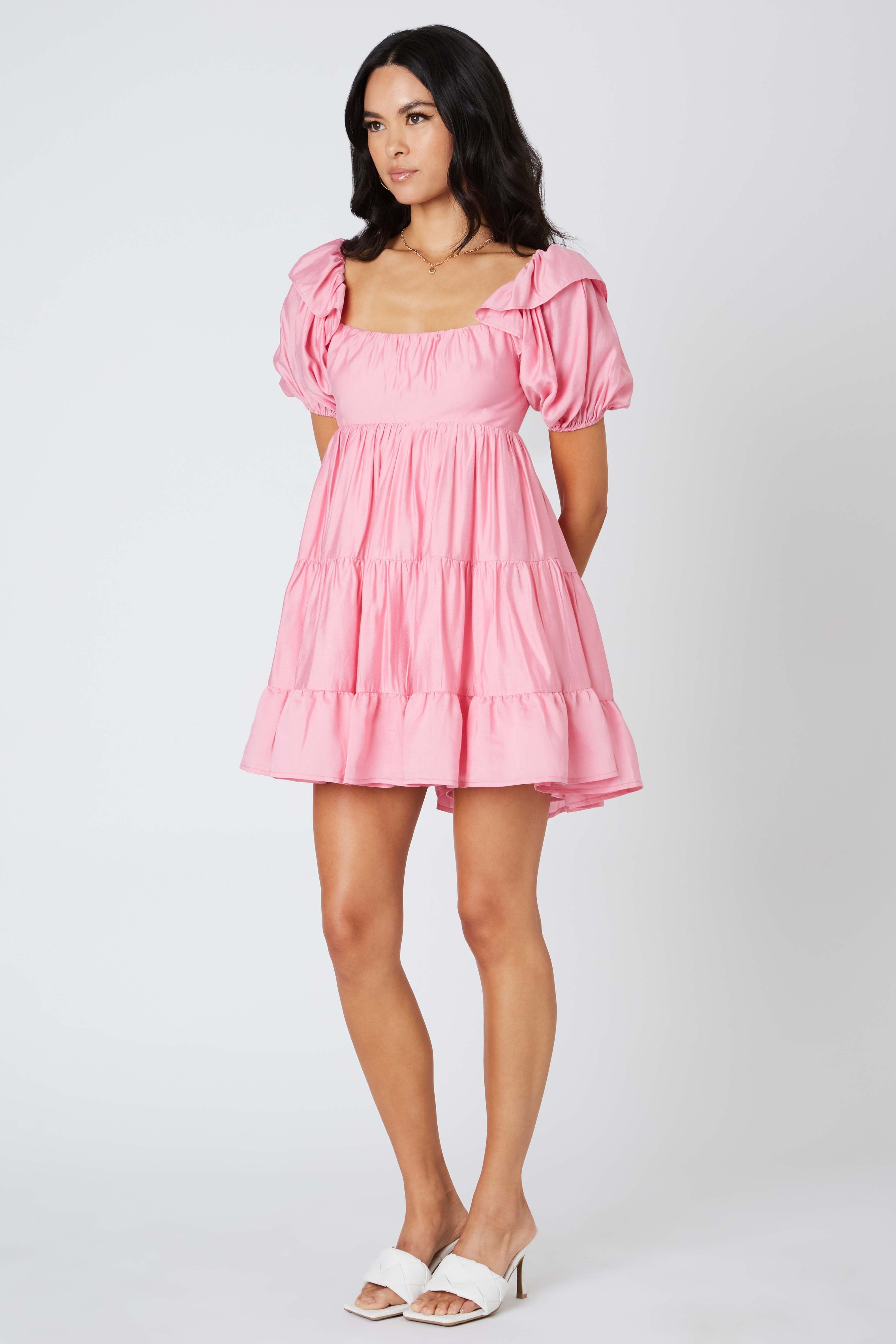 Puff Sleeve Babydoll Dress in Pink Side View