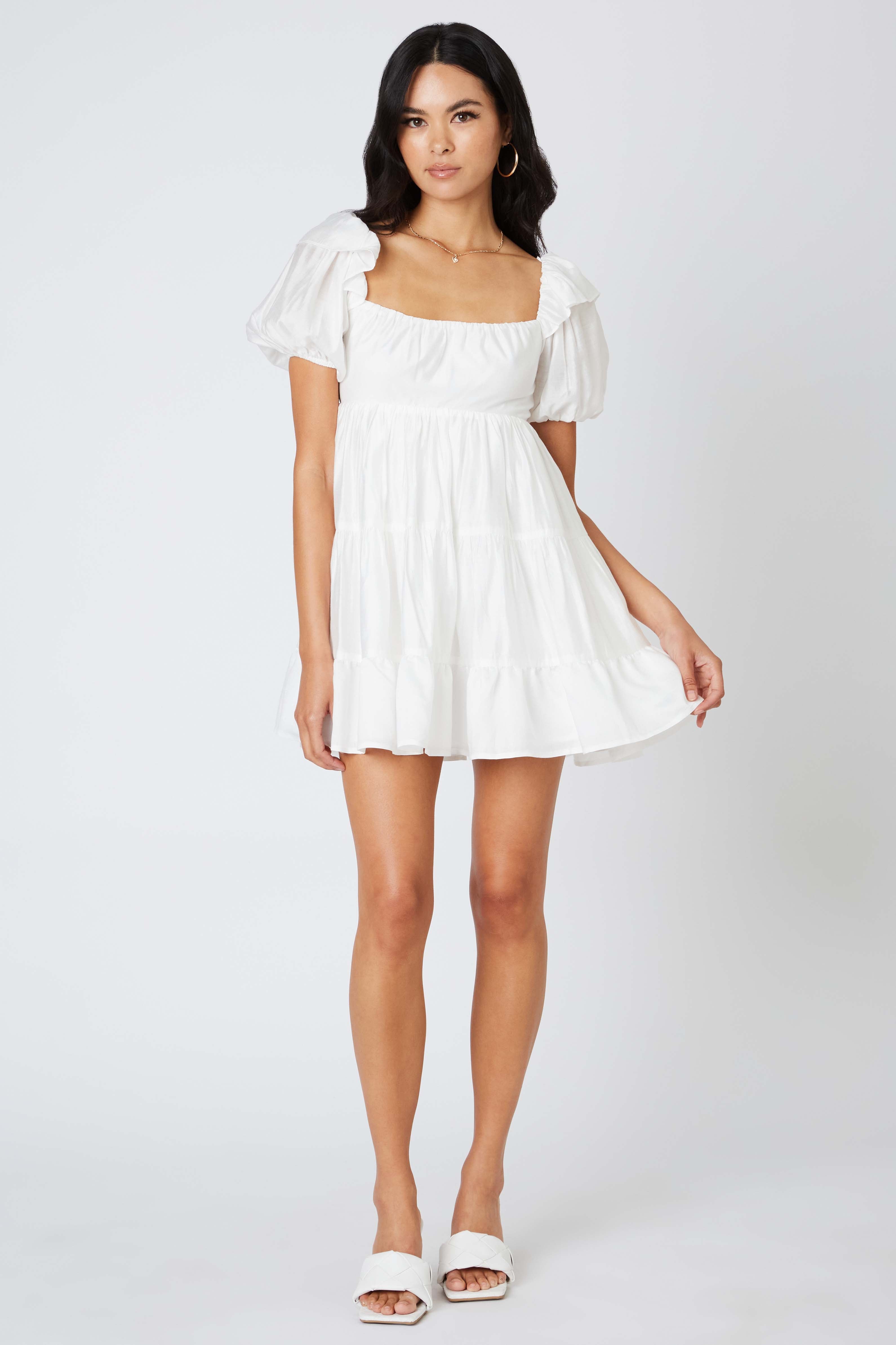 Puff Sleeve Babydoll Dress in White Front View