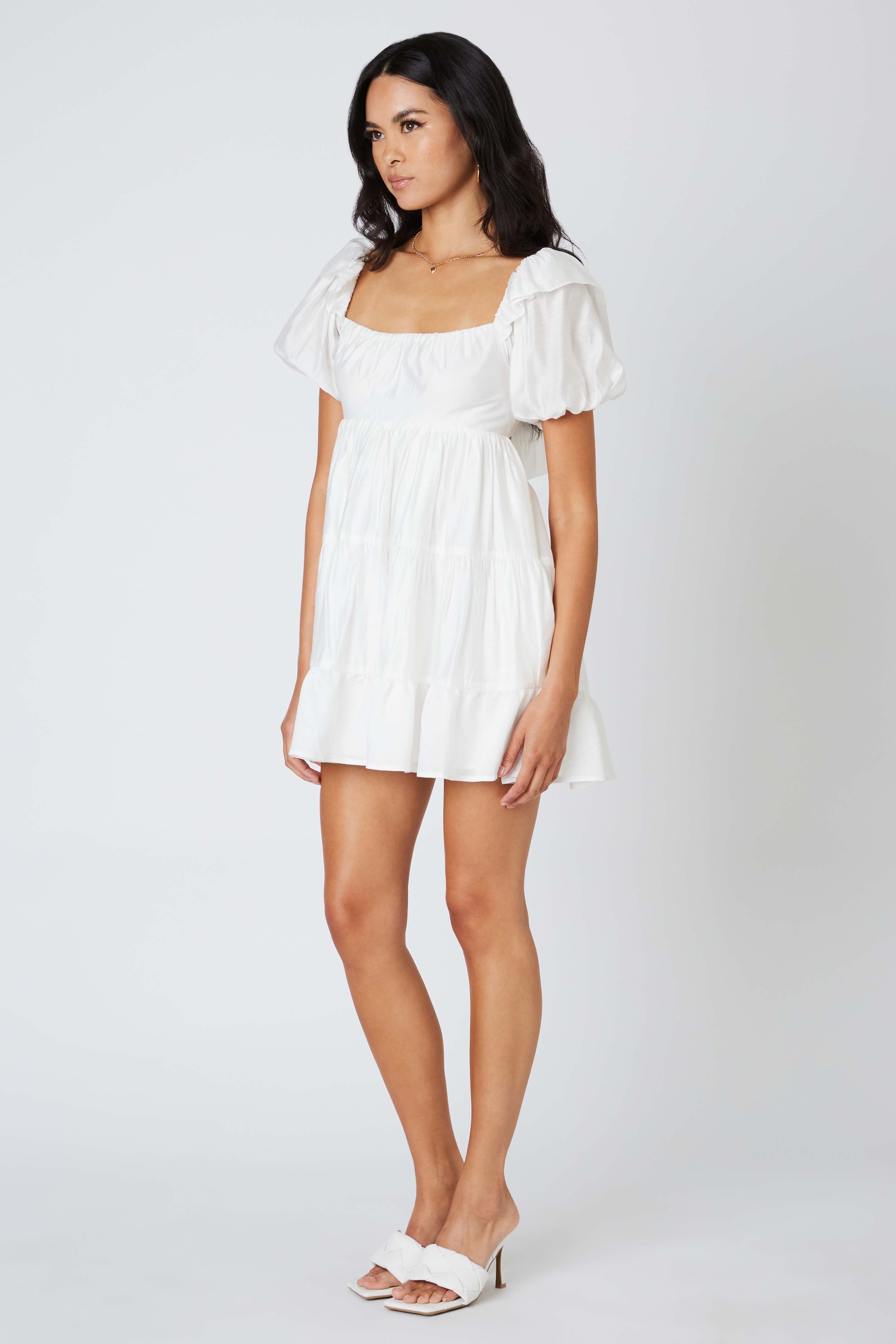 Puff Sleeve Babydoll Dress in White Side View