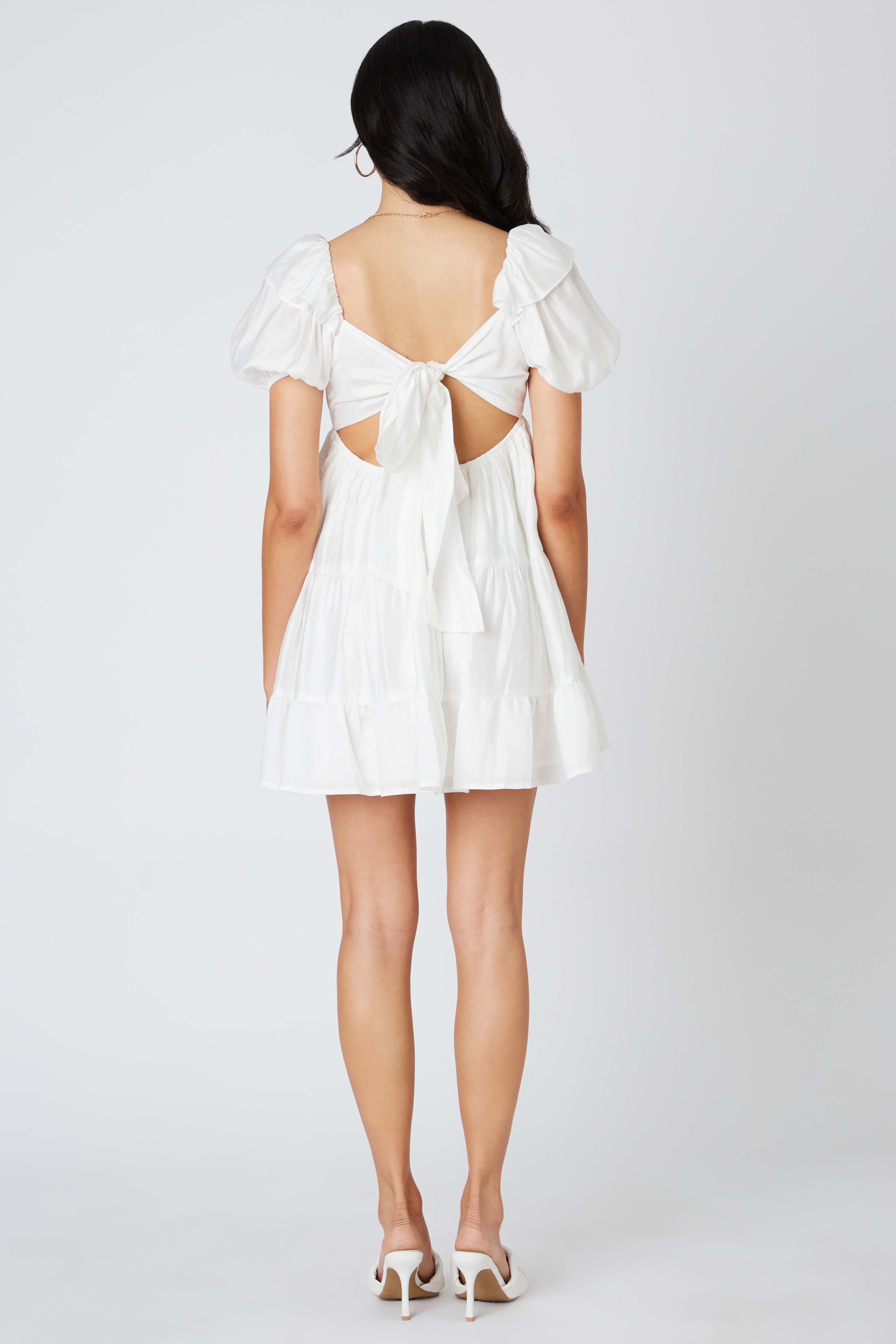 Puff Sleeve Babydoll Dress in White Back View